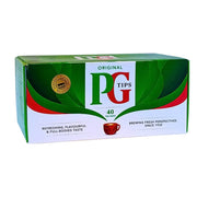 PG Tips original musta tee, 40 teepussia, vihreä ja valkoinen pakkaus, jossa on teekuppi kuvana etupuolella.