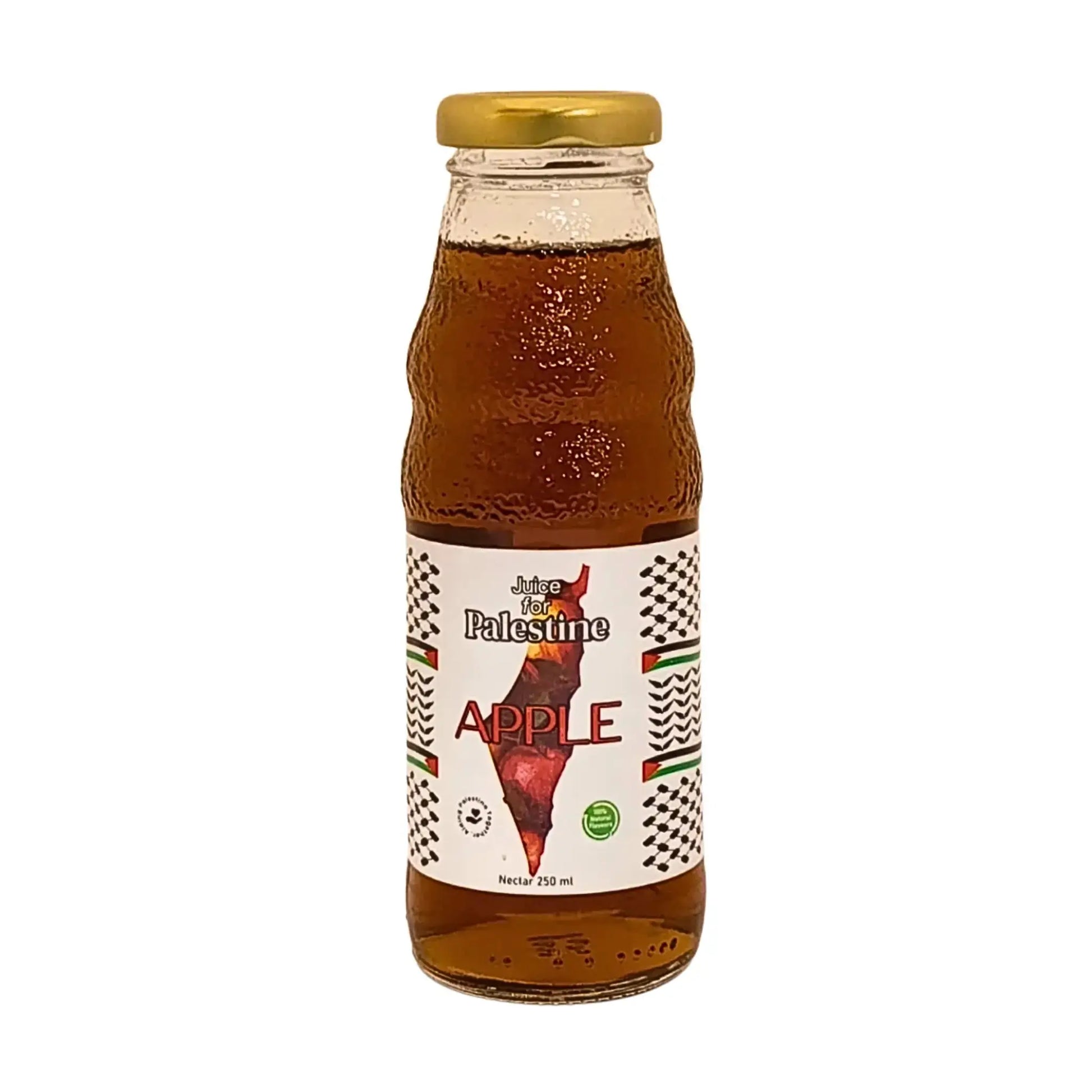 Lasipullo omenamehua, etiketissä teksti 'Juice for Palestine Apple', 250 ml.