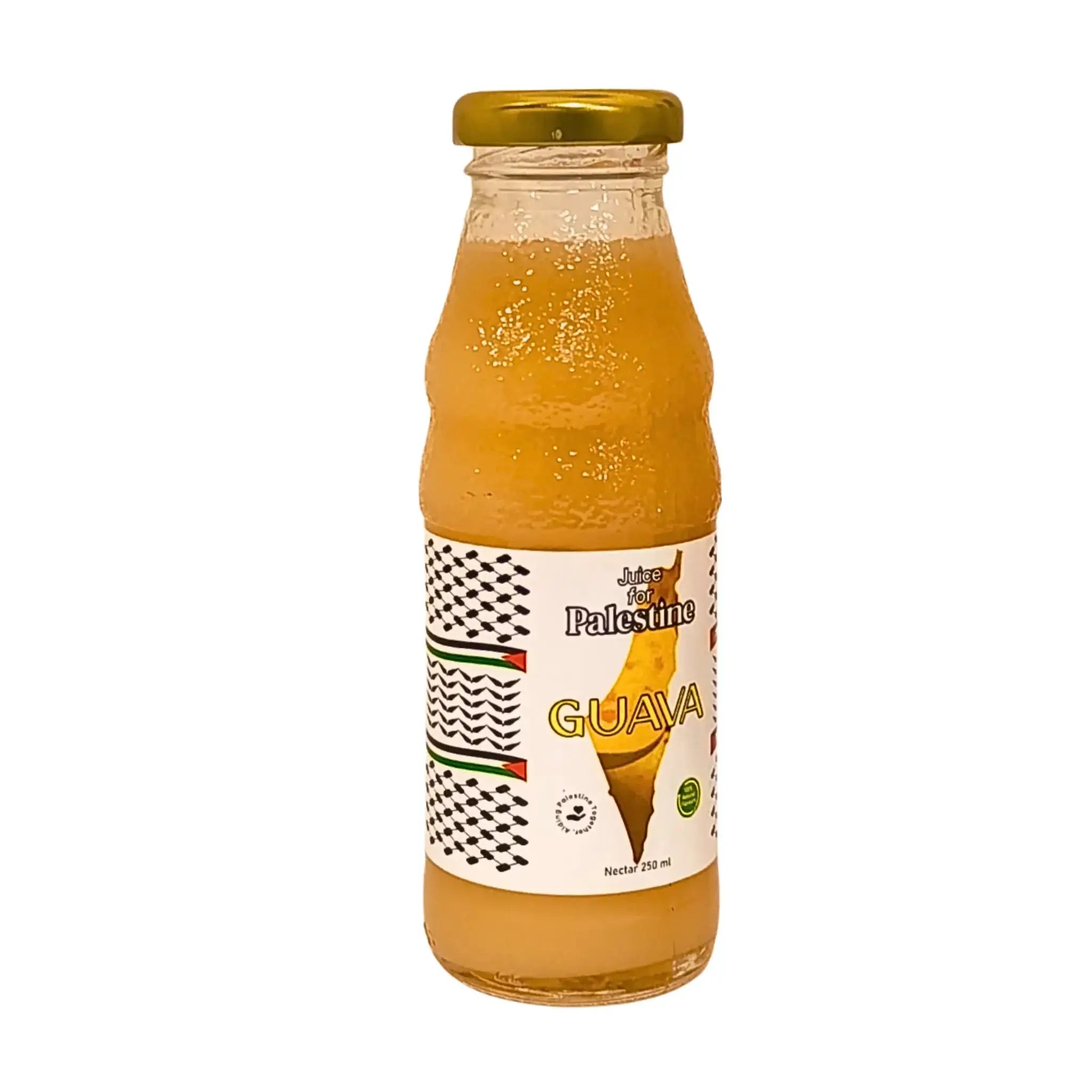 Lasipullo guavamehua 250 ml, selkeä etiketti Palestiina-aiheella ja itämaisilla kuvioilla.