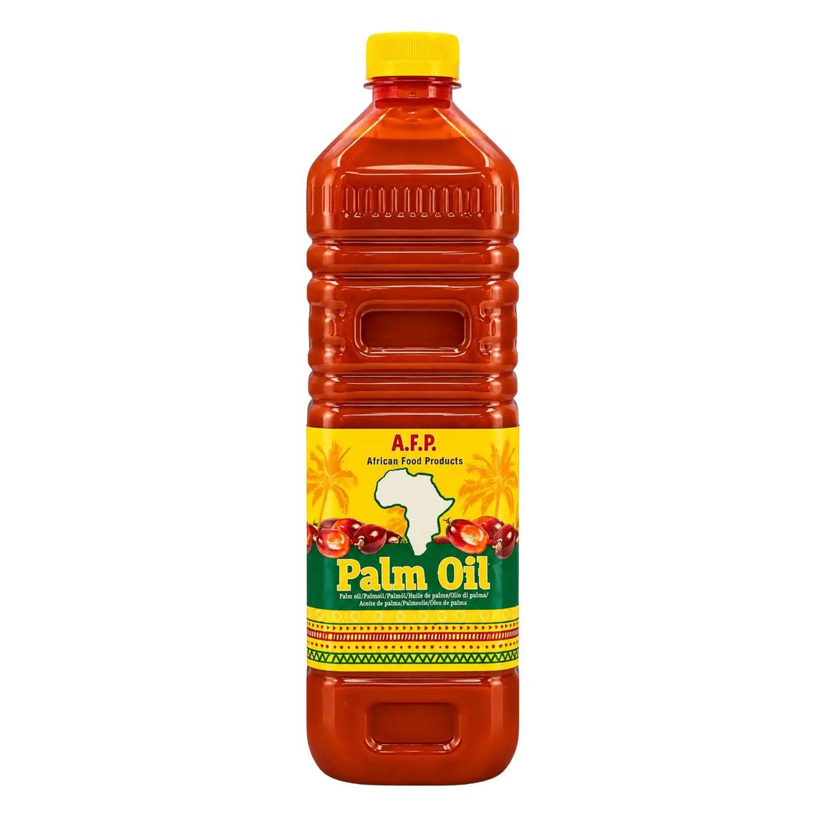 AFP palmolja 1 L i orange plastflaska med gul skruvkork och palm-motiv