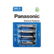 Neljä Panasonic AA sinkki-karbon-patteria alkuperäispakkauksessa, energiatehokkaat ja luotettavat.