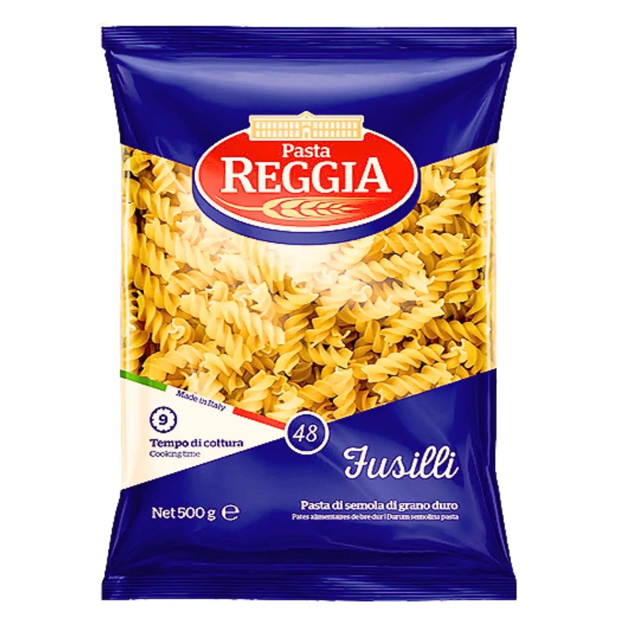 Fusilli-makaronit 500 g läpinäkyvässä ja sinisessä pakkauksessa, italialaista durumvehnää.