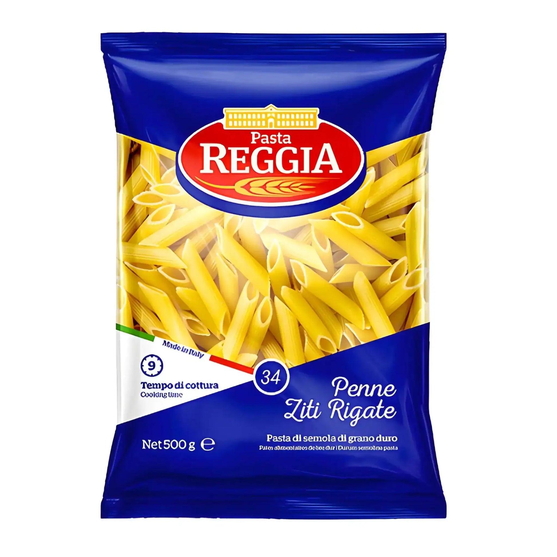 Pakkaus Reggia Penne Ziti Rigate 500 g pastaa, valmistettu durumvehnästä, italialainen kuiva pasta.