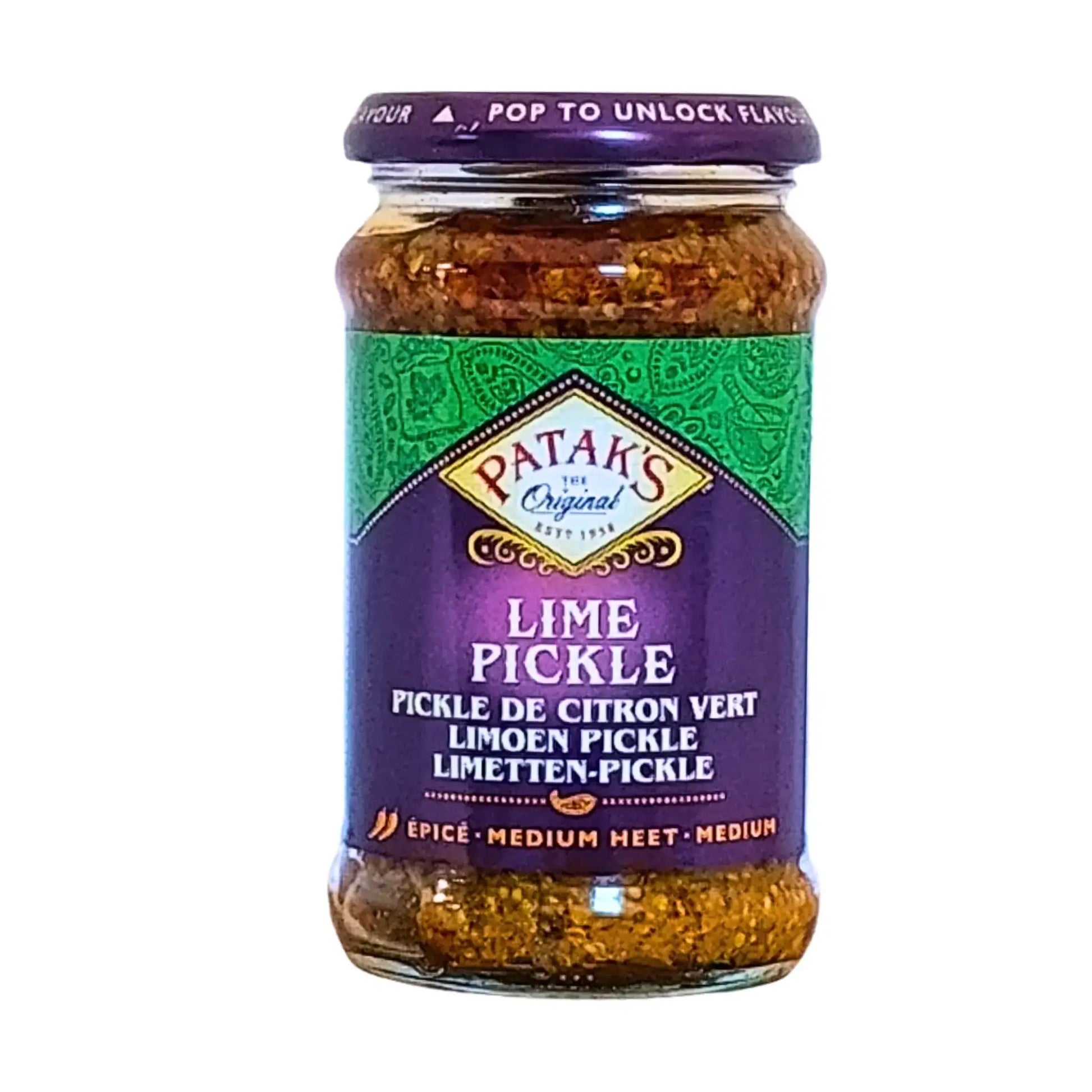 Lasipurkki Patak's lime pickleä, mausteinen intialainen limetinkeitto, 283 g valkoista taustaa vasten.