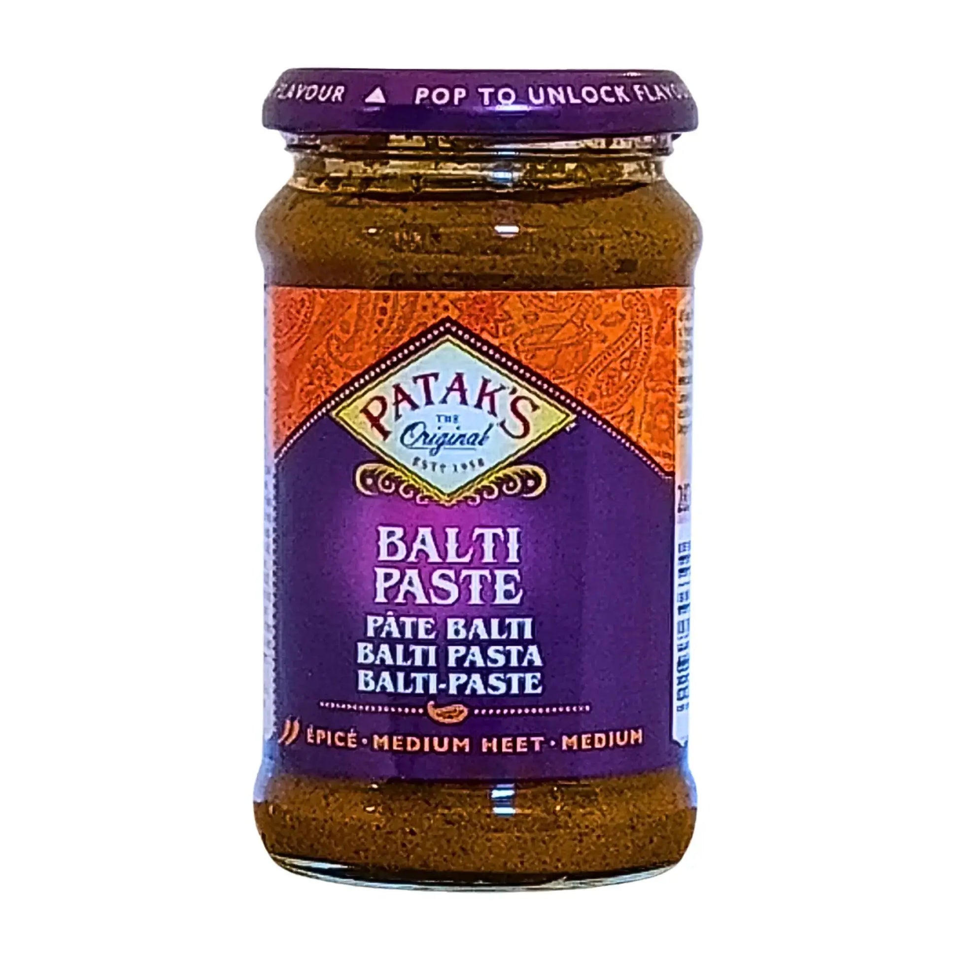 Patak's Balti curry pastaa sisältävä purkki, itämainen maustepasta, violetti ja oranssi etiketti