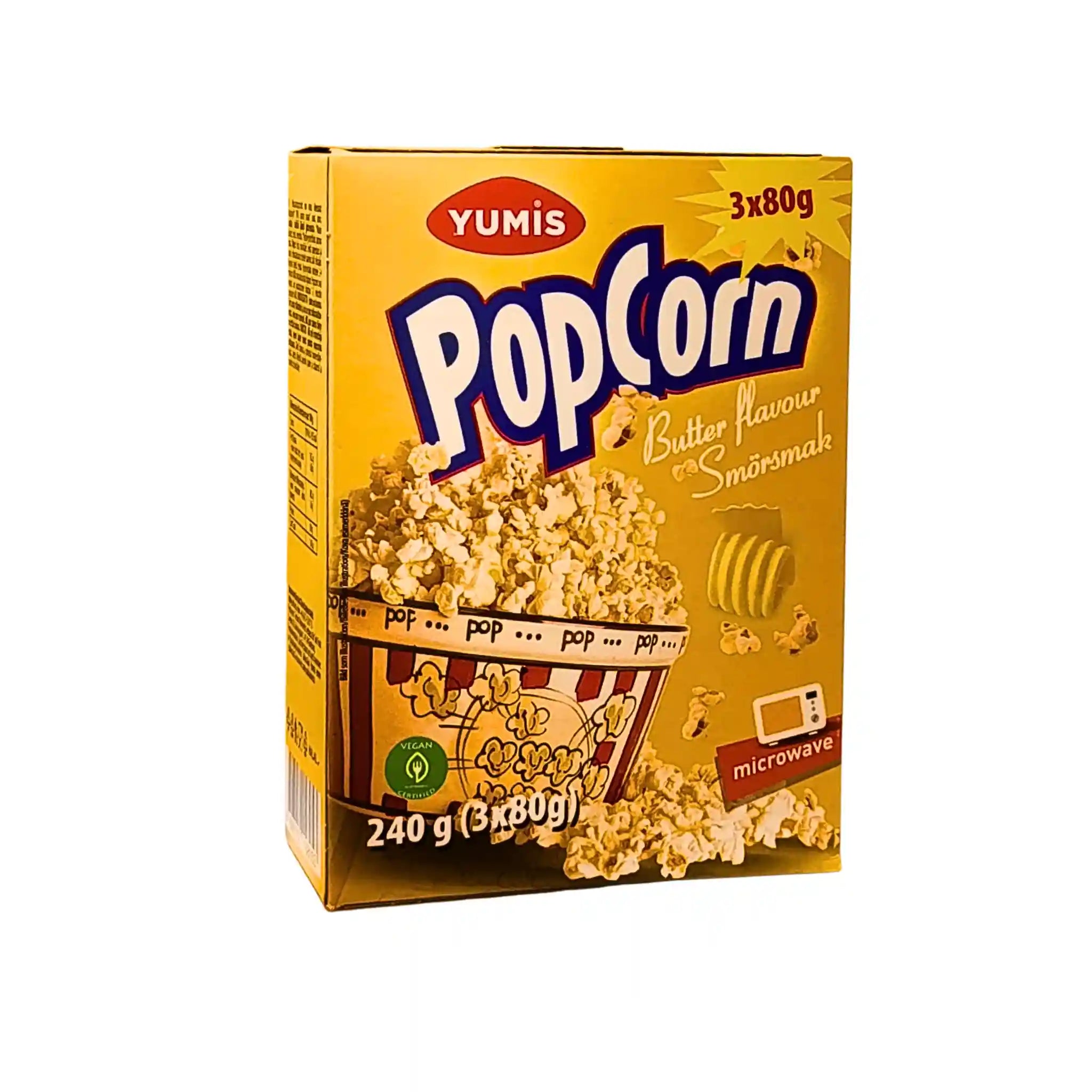 Yumis popcorn voimakas 3x80 g, keltainen pakkaus popcorn-kuvalla, mikrouuni