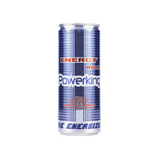 Powerking-energiajuoma 25 cl purkki, jossa on sininen ja hopeamalli, energiajuoma valkoisella taustalla.