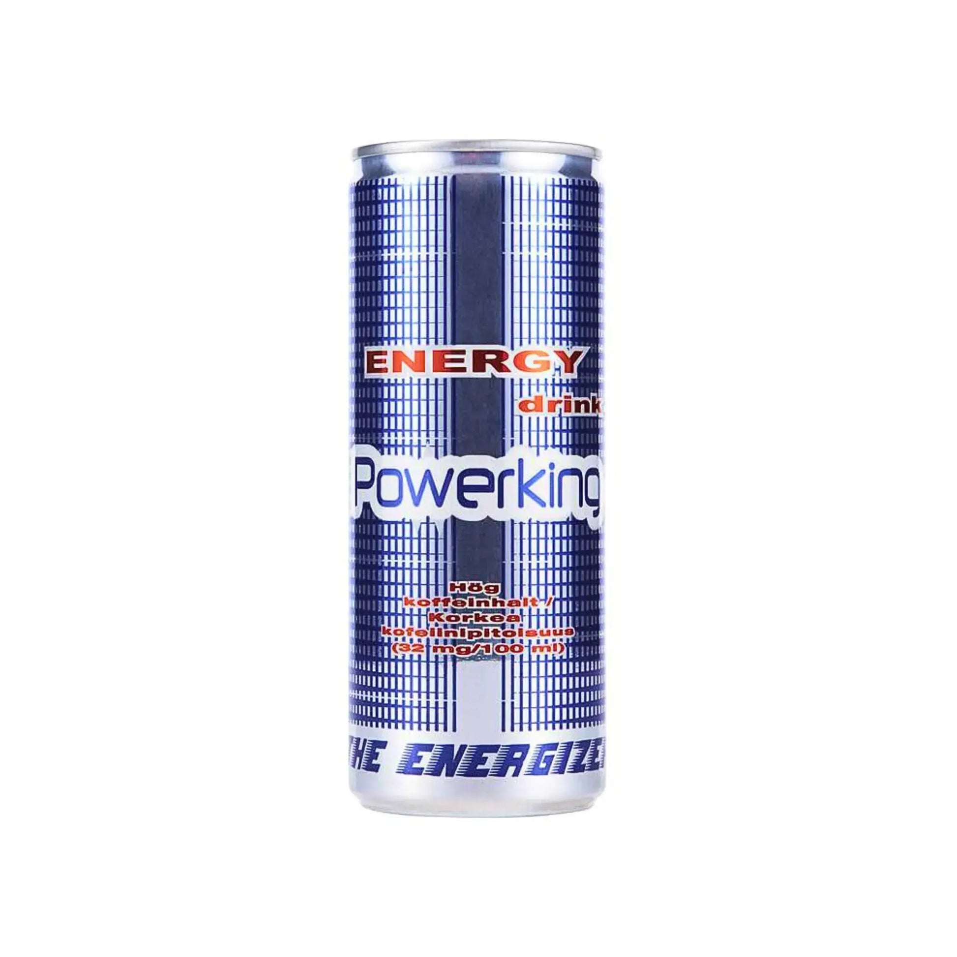 Powerking-energiajuoma 25 cl purkki, jossa on sininen ja hopeamalli, energiajuoma valkoisella taustalla.