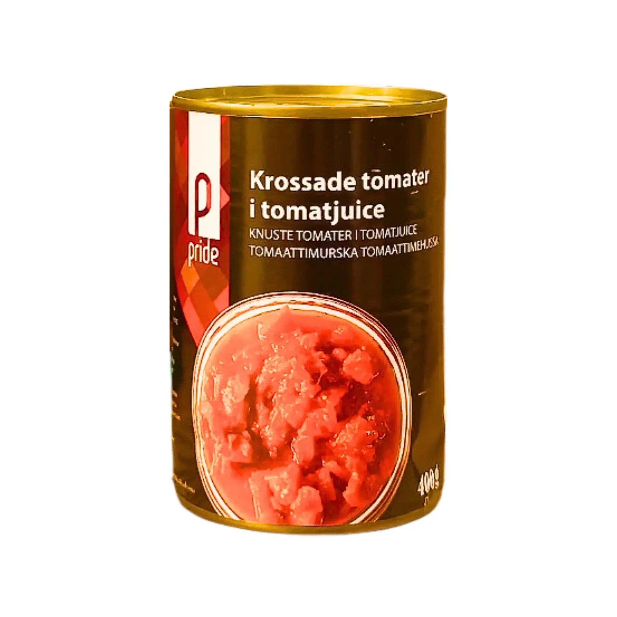 Krossade tomater i tomatjuice, 400g burk, tydlig etikett och produktbild.