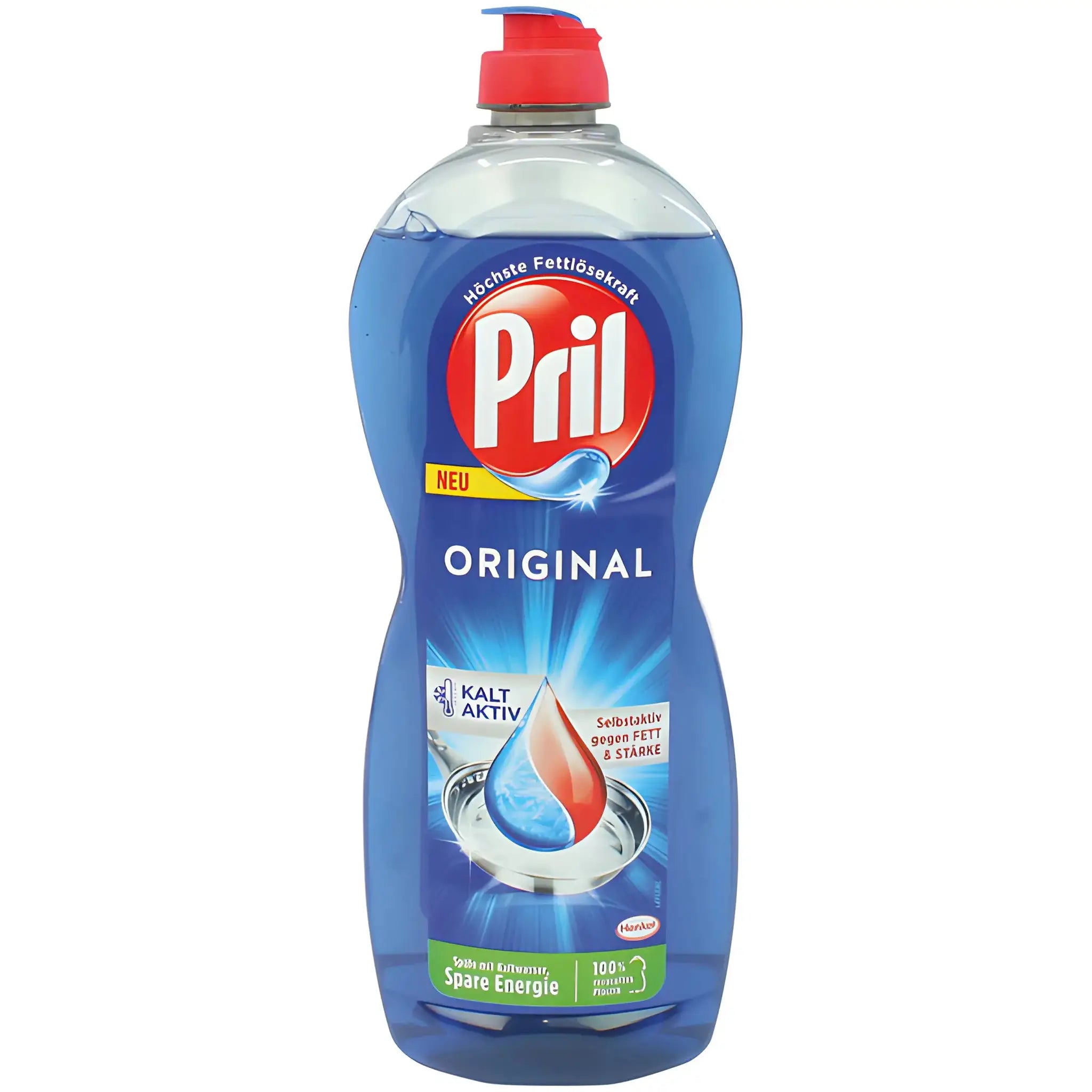 Pril Original astianpesuaine, sininen pullo punaisella korkilla ja selkeällä etiketillä, nestemäinen puhdistusaine.