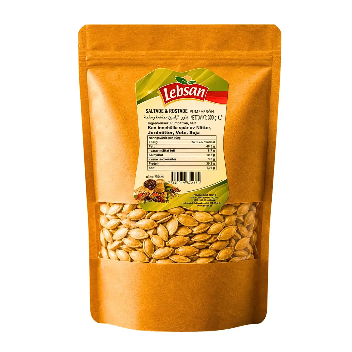 Pumpafrön i brun ståpåse med Lebsan-logotyp, 300 g
