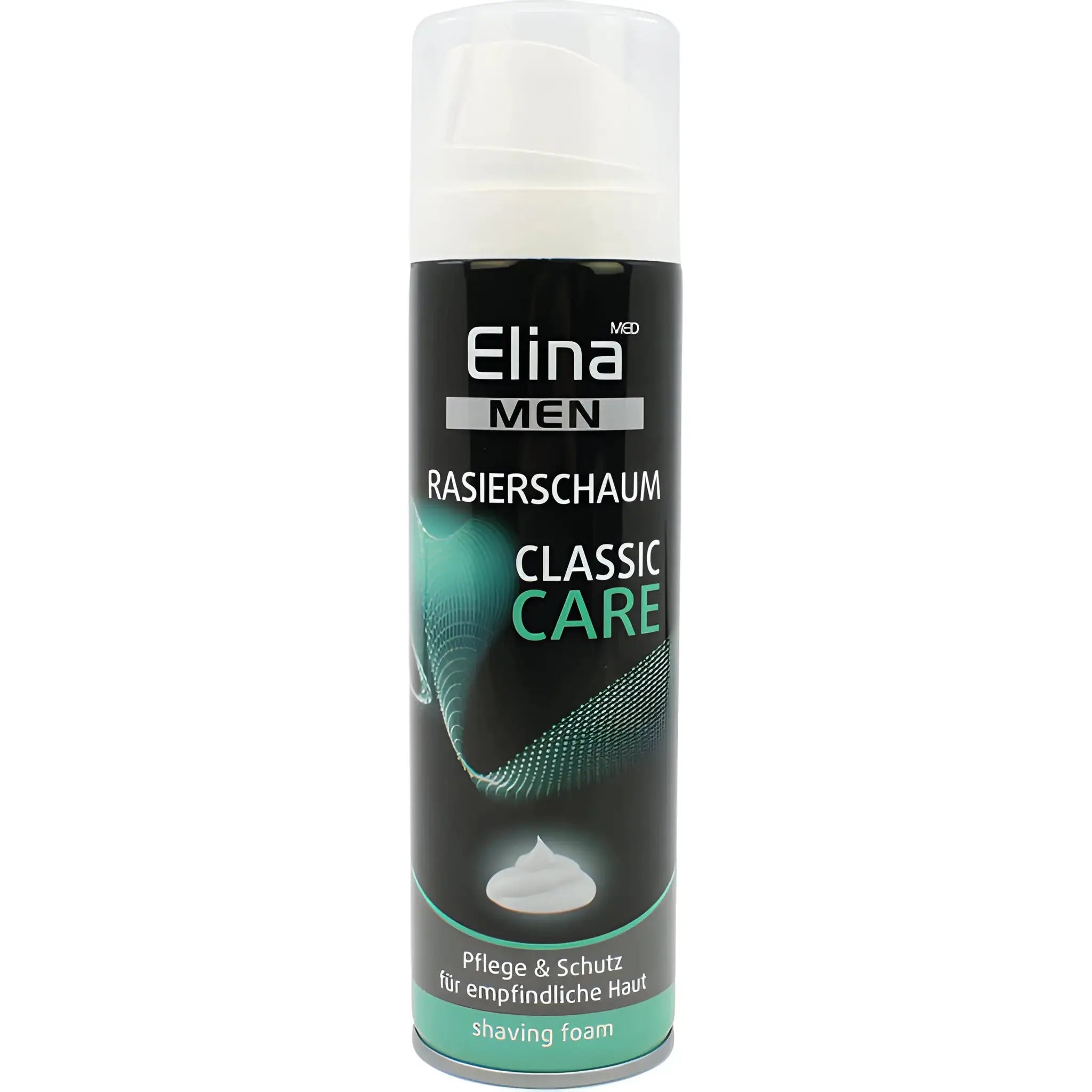 Elina Classic Care -partavaahto herkkälle iholle, musta ja vihreä putti valkoista taustaa vasten.