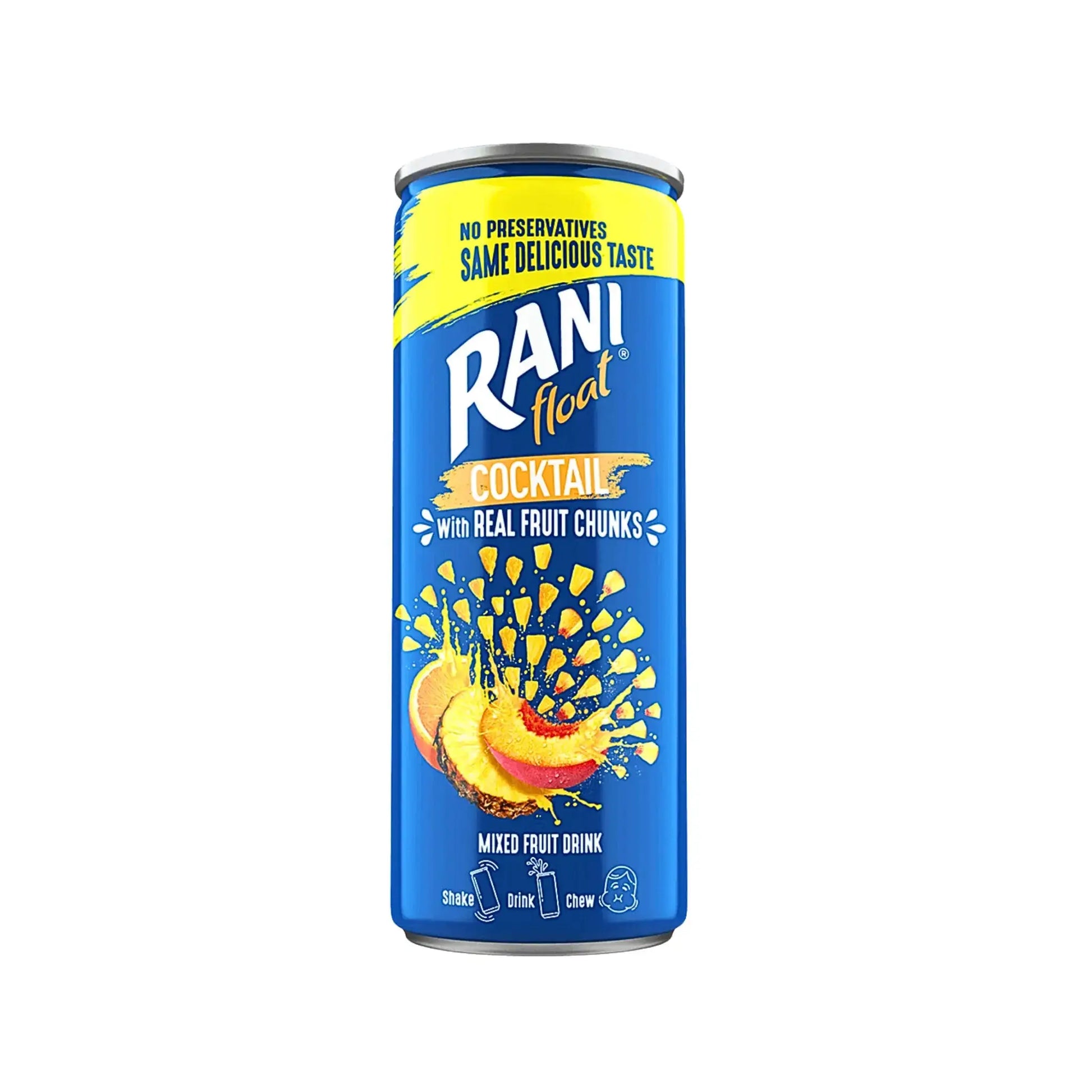 Rani Float -cocktailtölkki sekoitettua hedelmäjogurttia hedelmäsirpaleilla valkoisella taustalla.