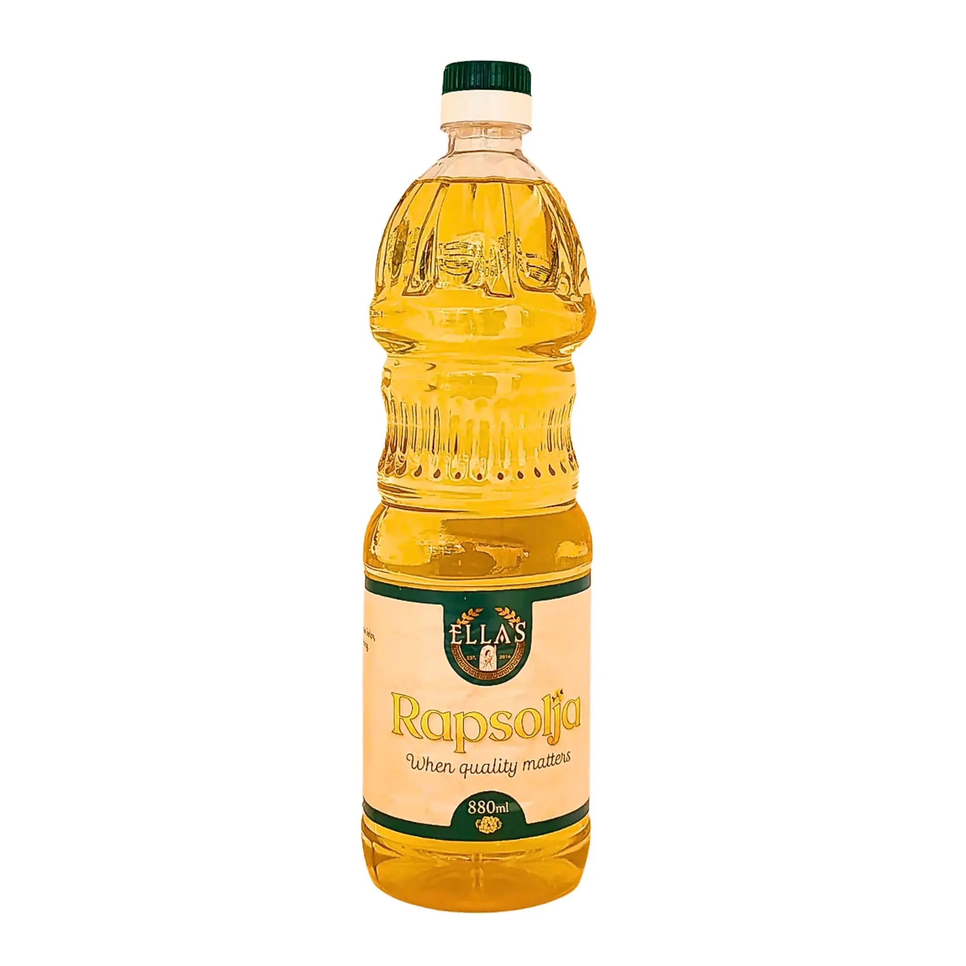 Rapsiöljypullo 880 ml vihreällä etiketillä, ruoanlaittoon tarkoitettu elintarvike.
