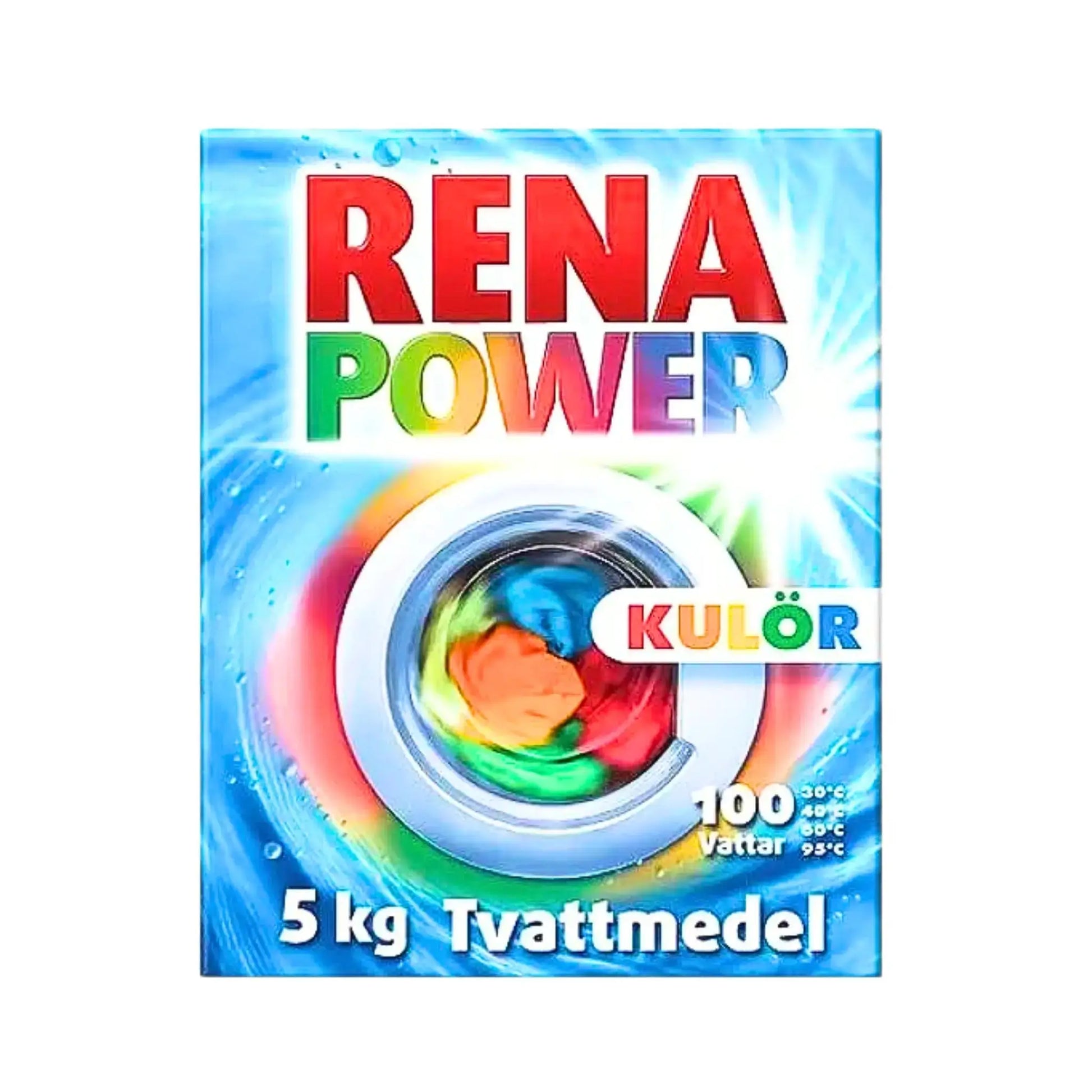 Rena Power -värivainuaine 5 kg värikkäille vaatteille, pesukone kuvassa värillisessä pakkauksessa.