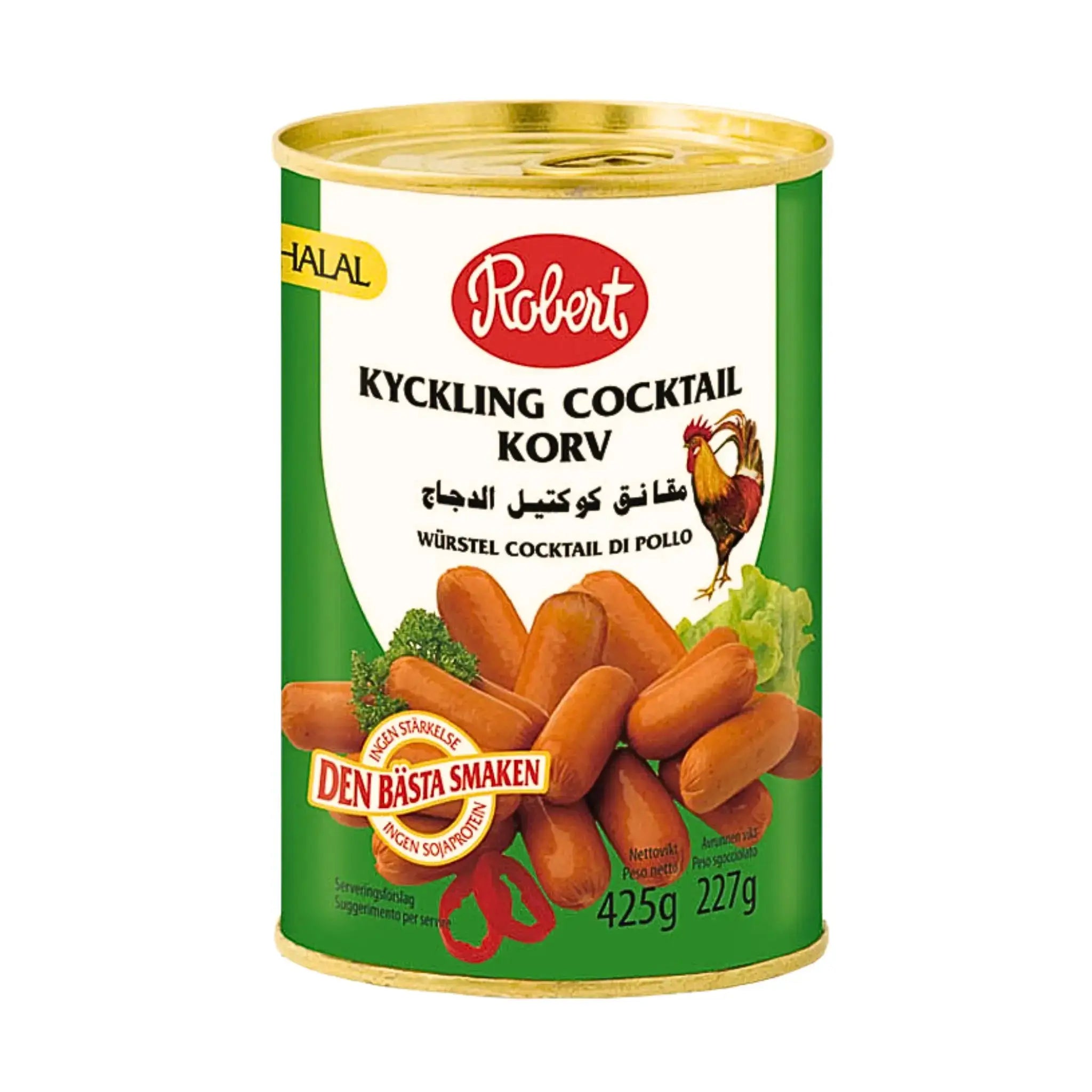 Konservipurkki kinkkufarkkucocktailmakkaraa 425 g, halal-tunniste, vihreä ja valkoinen etiketti.