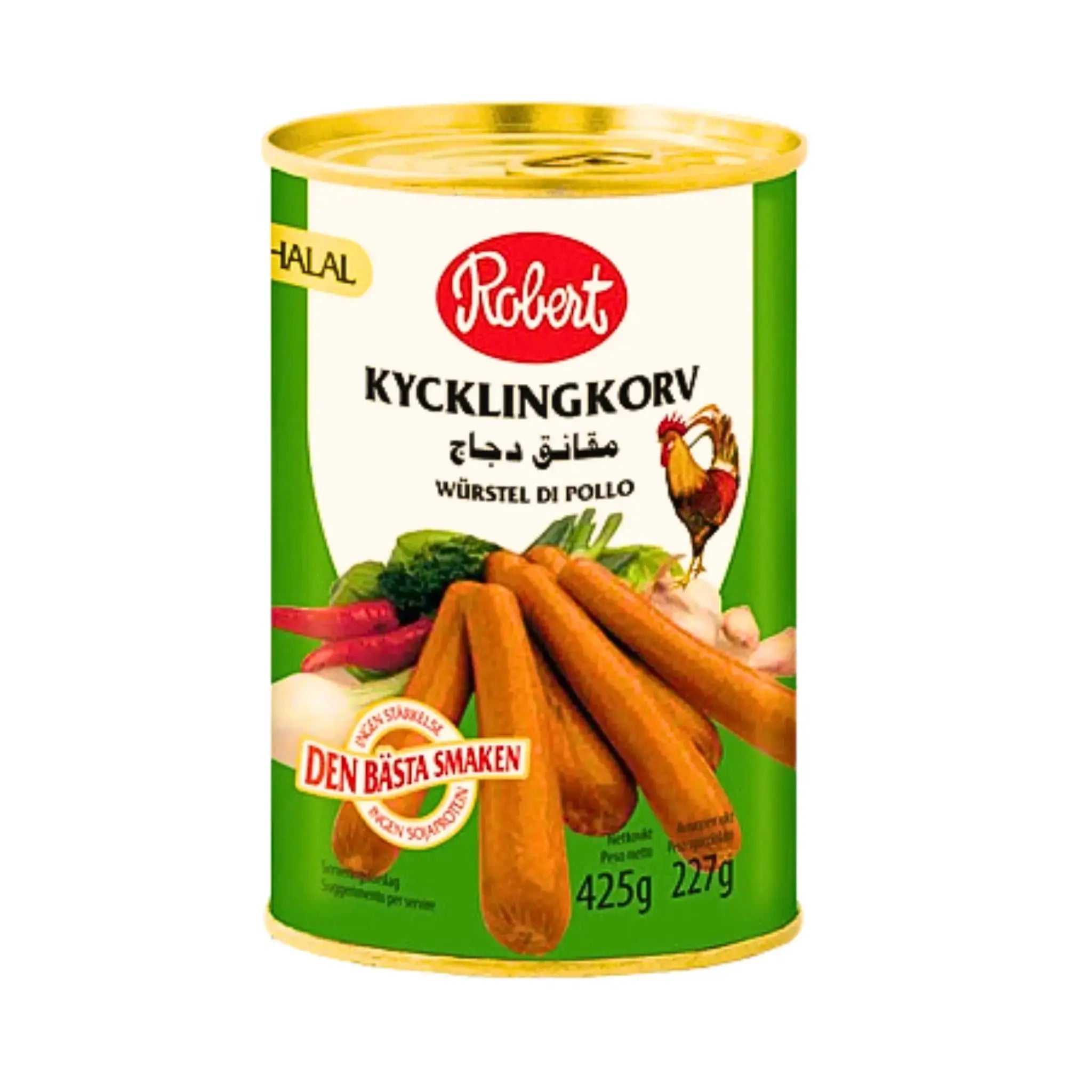 Makkaranpurkki 425 g, halal, vihreä etiketti makkaroilla, kasveilla ja kukolla.