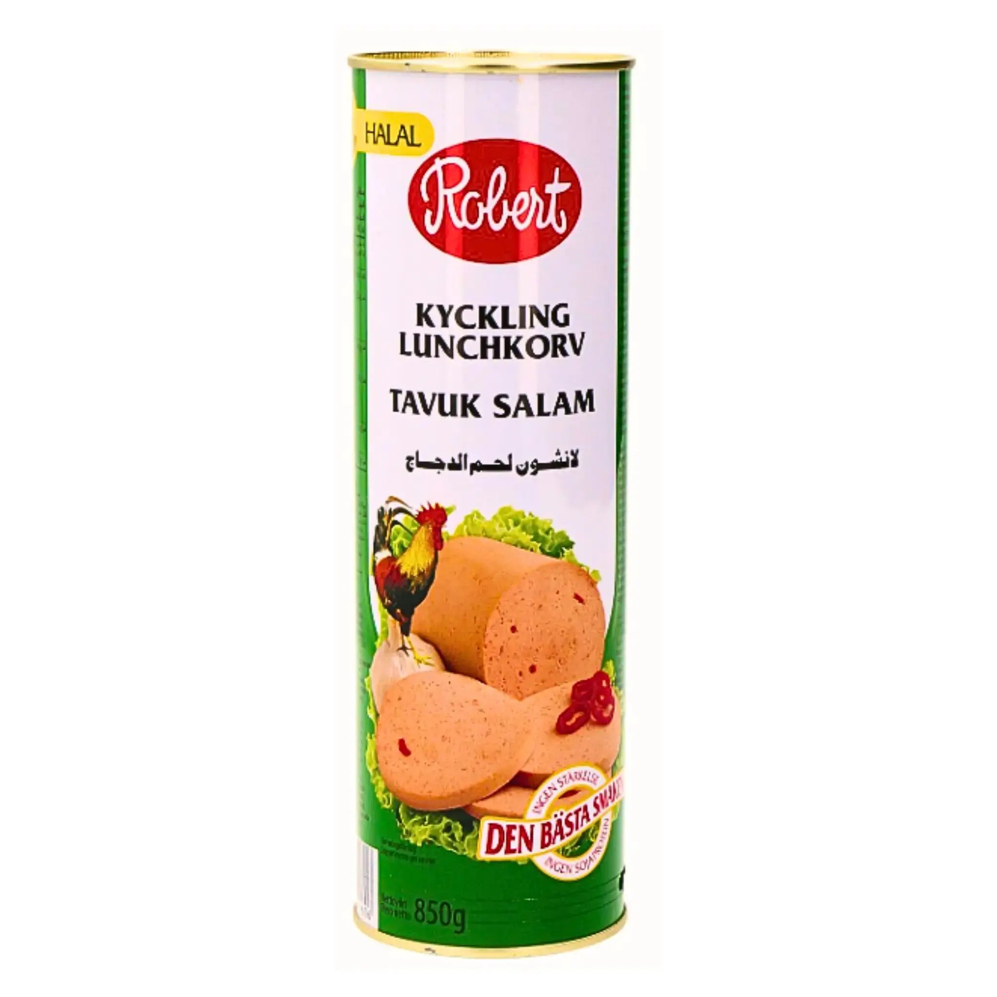 Kana lounasmakkara säilyke 850 g halal-merkinnällä, vihreä ja valkoinen etiketti, kuva makkaralevyistä.