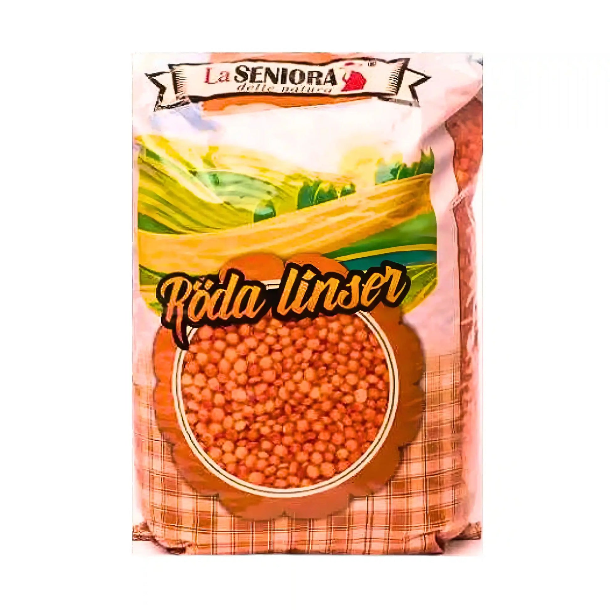 Förpackning med röda linser, tydlig etikett, orientaliska matvaror, 900g.