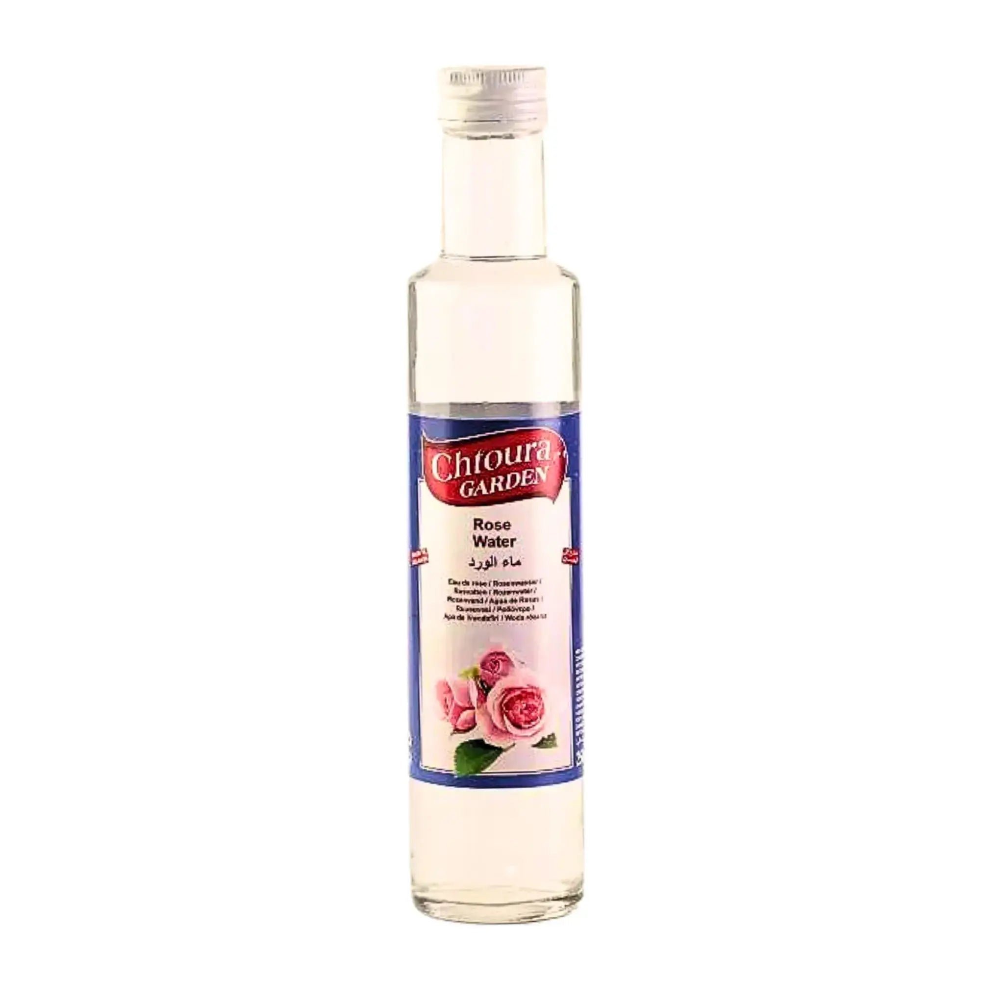Pullo, jossa on Chtoura Garden -ruusuvedettä 250 ml, selkeä etiketti, jossa on vaaleanpunaisia ruusuja, valkoinen tausta.