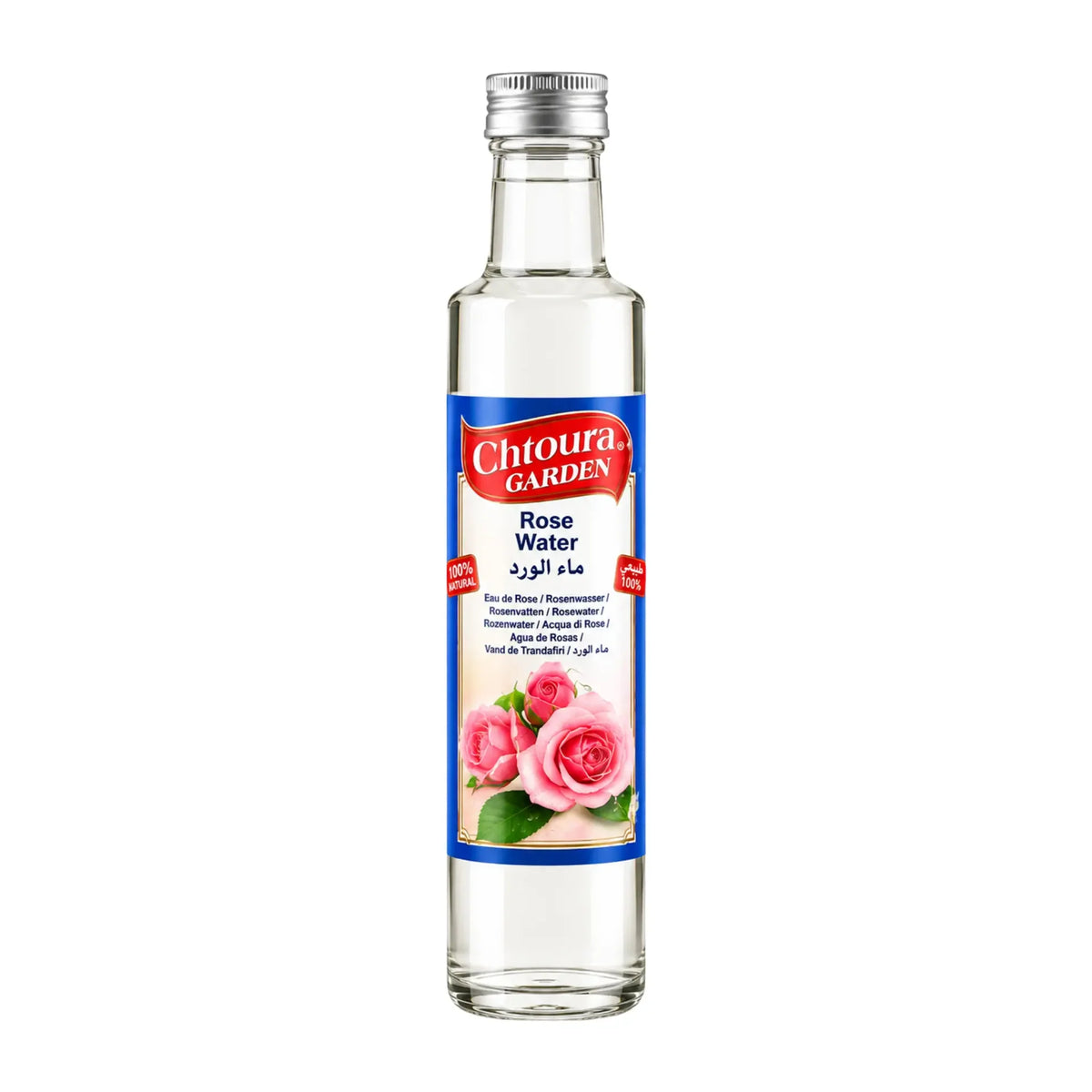 Rosvattenflaska Chtoura Garden med etikett, glasflaska 250 ml