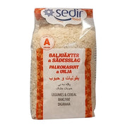 Sedir-pyöreä riisi 800 g, pakkauksessa selkeä teksti ja valkoiset riisinjyvät, palkokasvit ja viljalajikkeet.