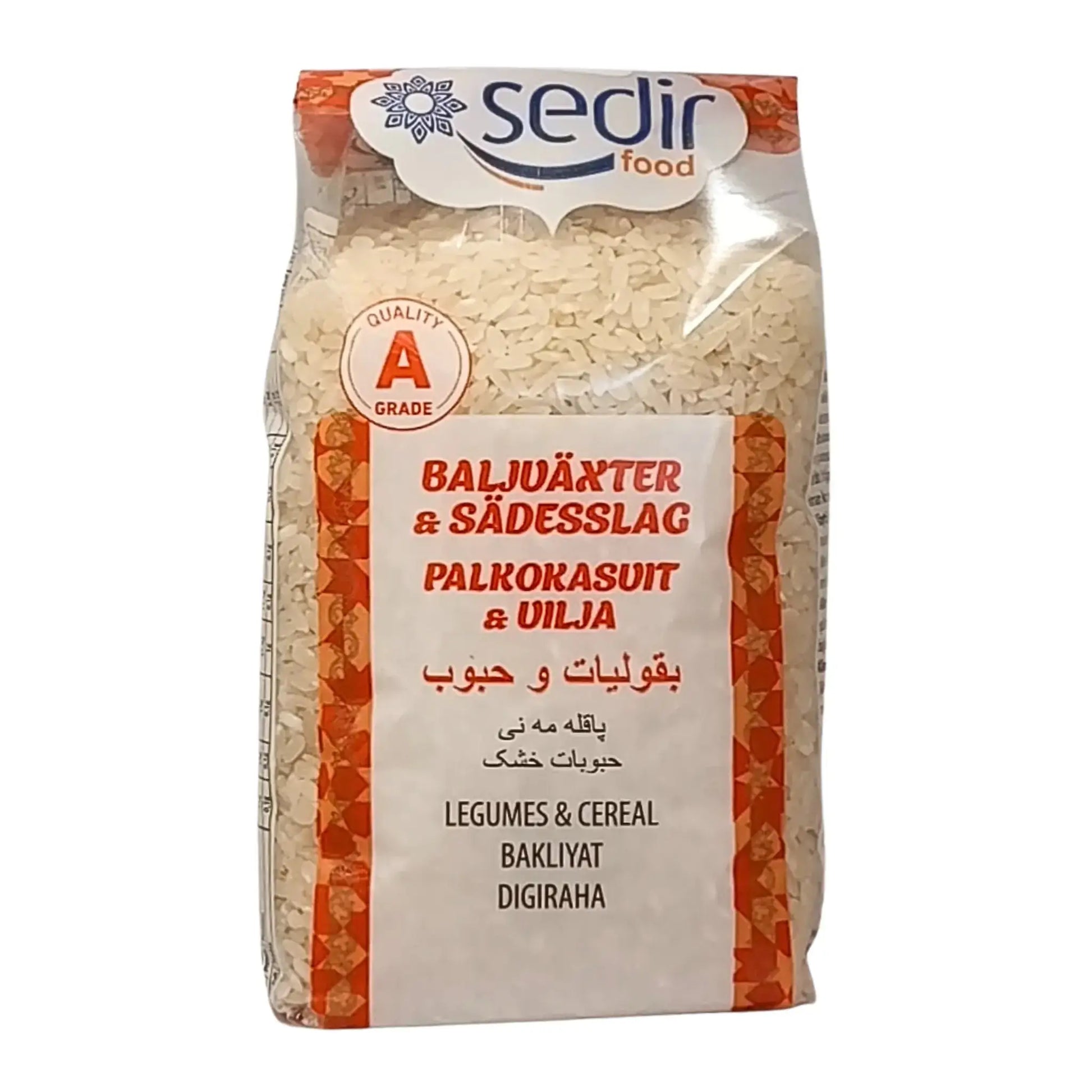 Sedir-pyöreä riisi 800 g, pakkauksessa selkeä teksti ja valkoiset riisinjyvät, palkokasvit ja viljalajikkeet.