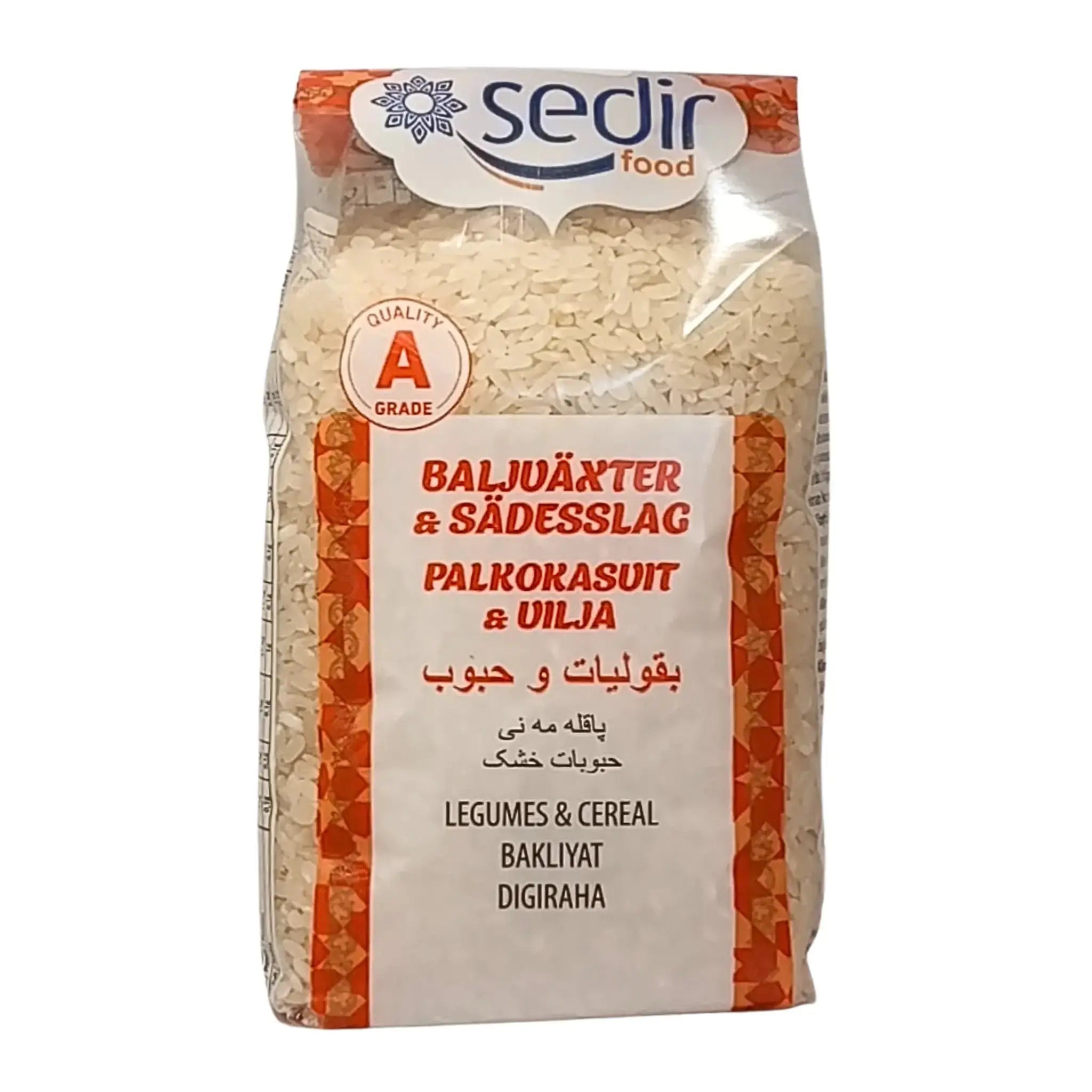 Sedir-pyöreä riisi 800 g, pakkauksessa selkeä teksti ja valkoiset riisinjyvät, palkokasvit ja viljalajikkeet.