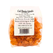 Siemenettömiä keltaisia rusinoita sisältävä pakkaus 250 g, selkeä etiketti ja läpinäkyvä pussi.