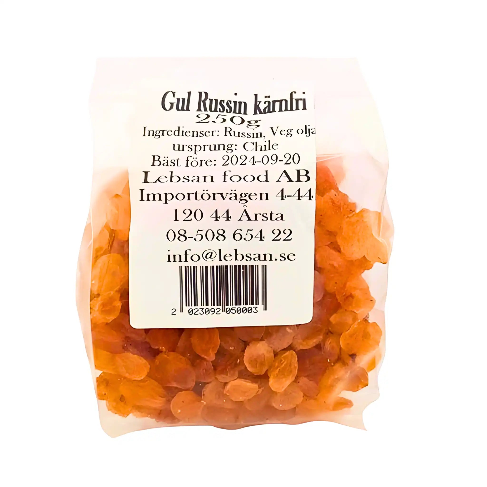 Siemenettömiä keltaisia rusinoita sisältävä pakkaus 250 g, selkeä etiketti ja läpinäkyvä pussi.