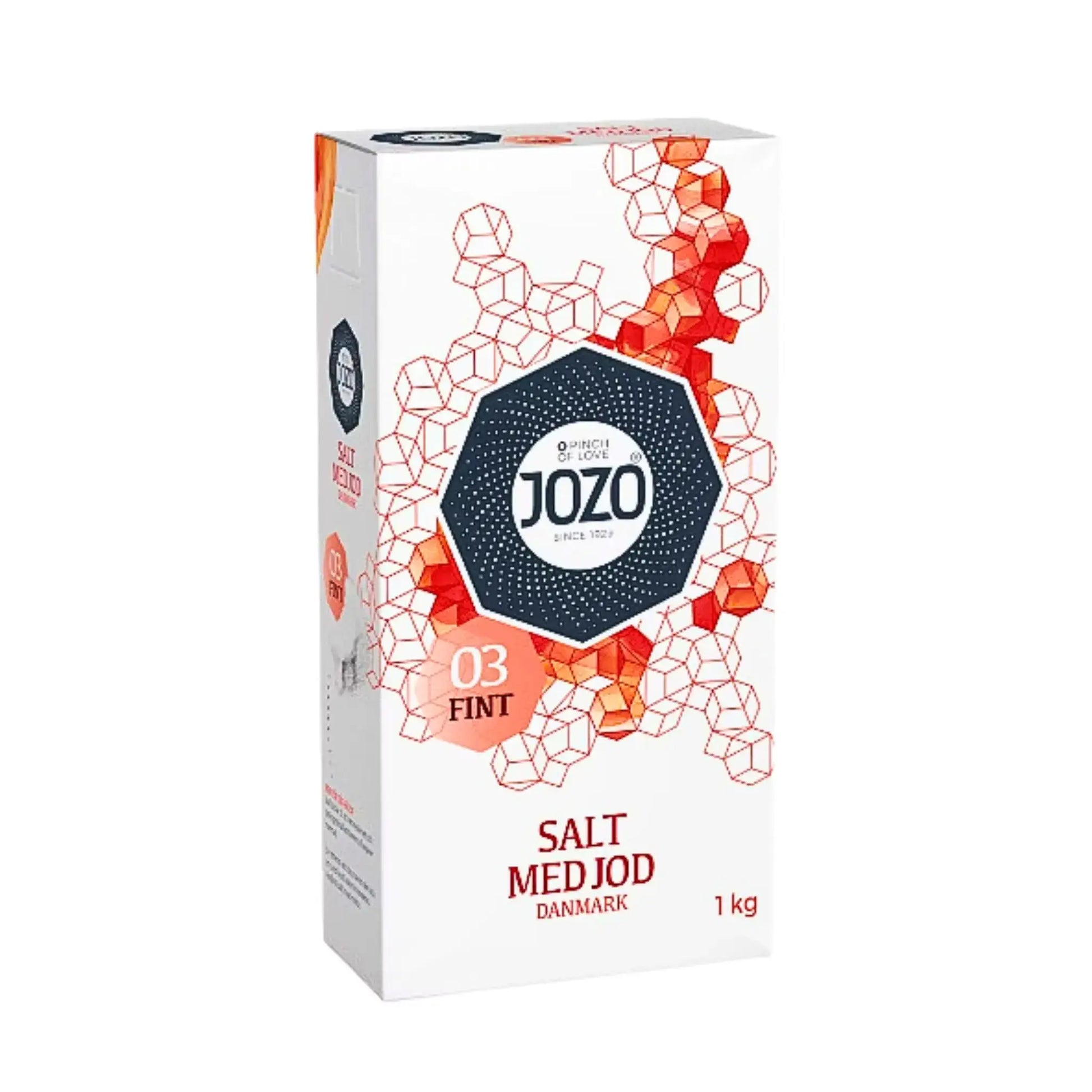 Jozo hienoa suolaa jodilla 1 kg:n pakkaus, valkoinen pakkaus punaisilla geometrisilla kuvioilla