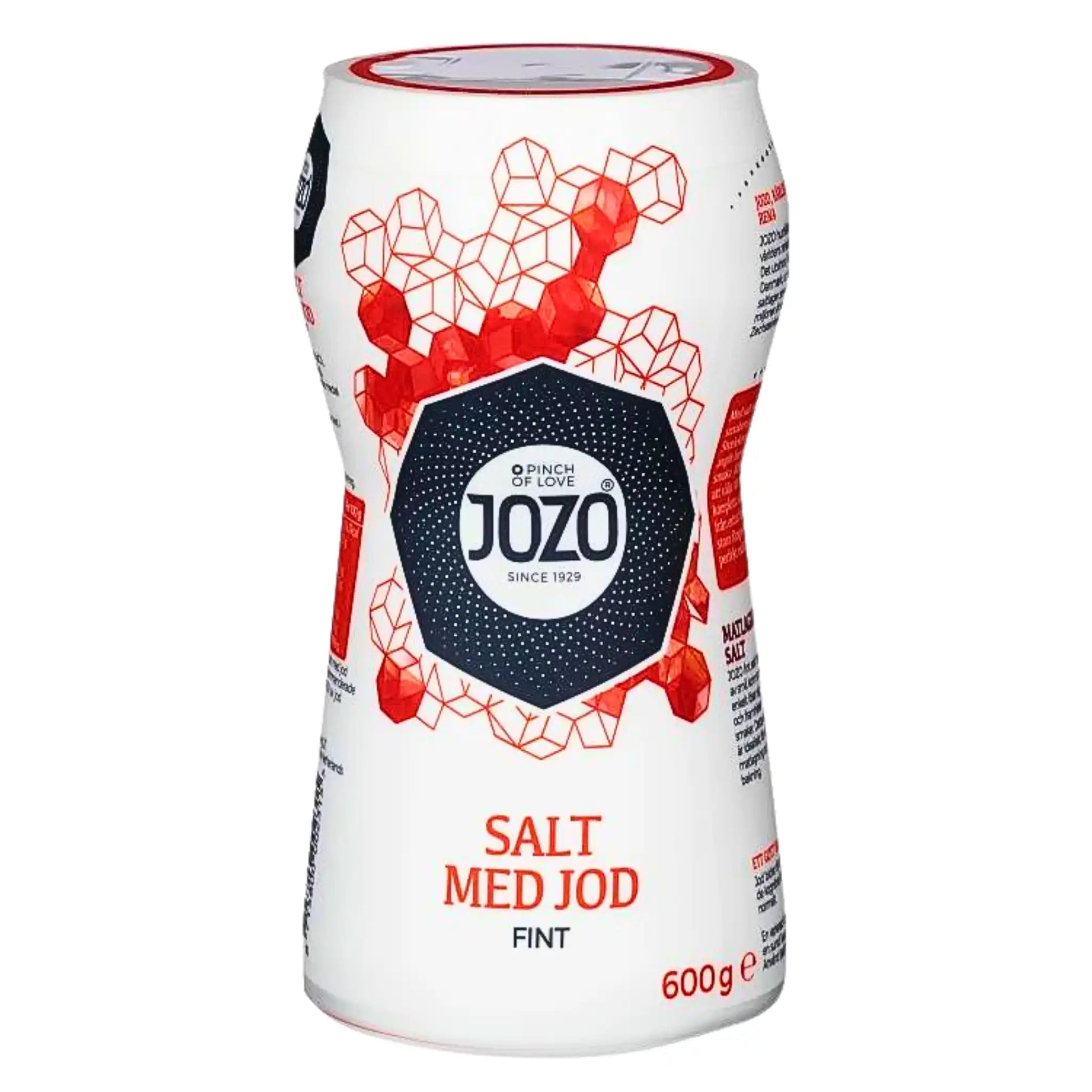Jozo hienoa suolaa jodilla, valkoinen ja punainen 600 g -pakkaus, elintarvikekuva