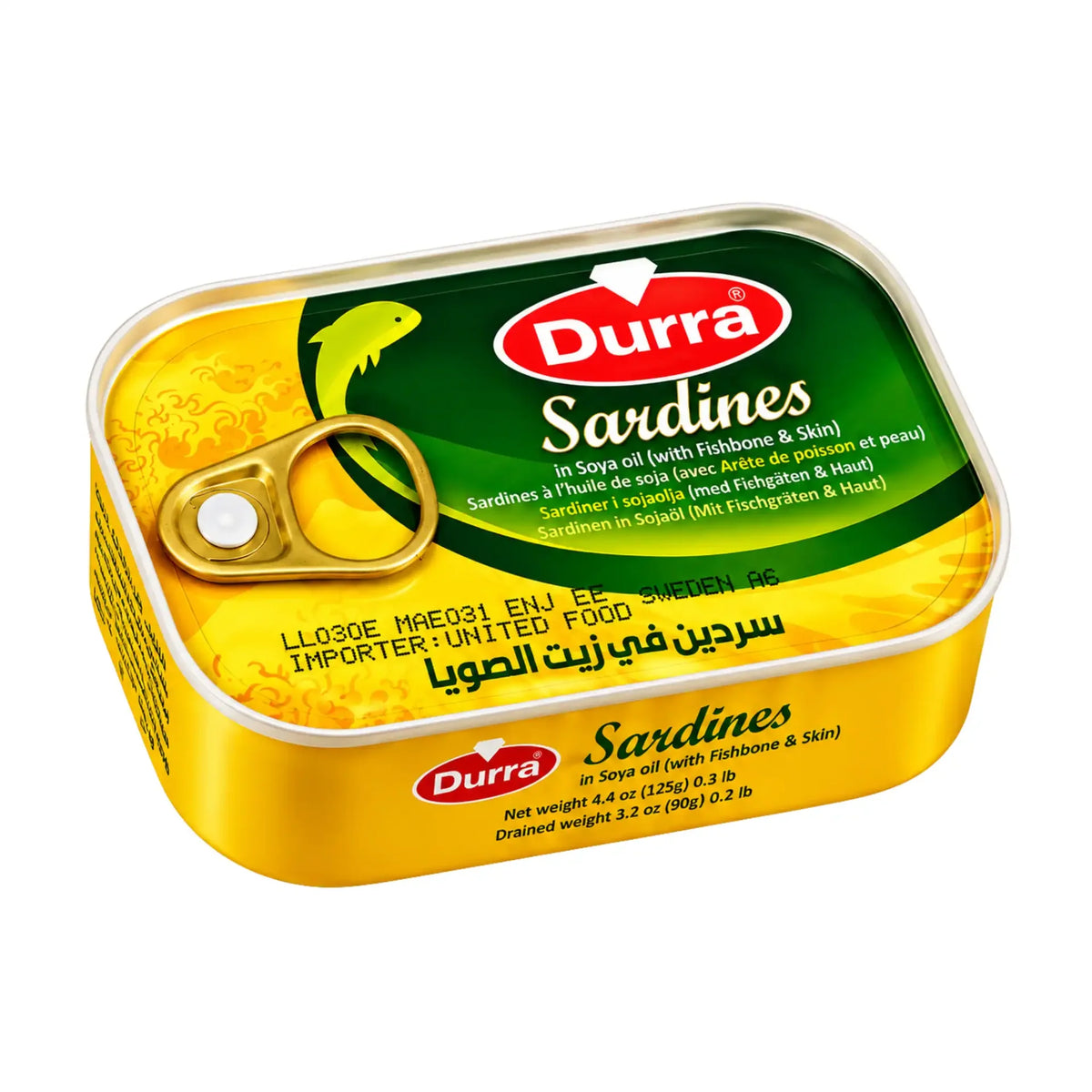 Durra sardiner i olja i plåtburk med grön etikett