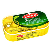 Säilykepussi Durra silli soij öljyssä, selkeä vihreä ja keltainen etiketti valkoisella taustalla.