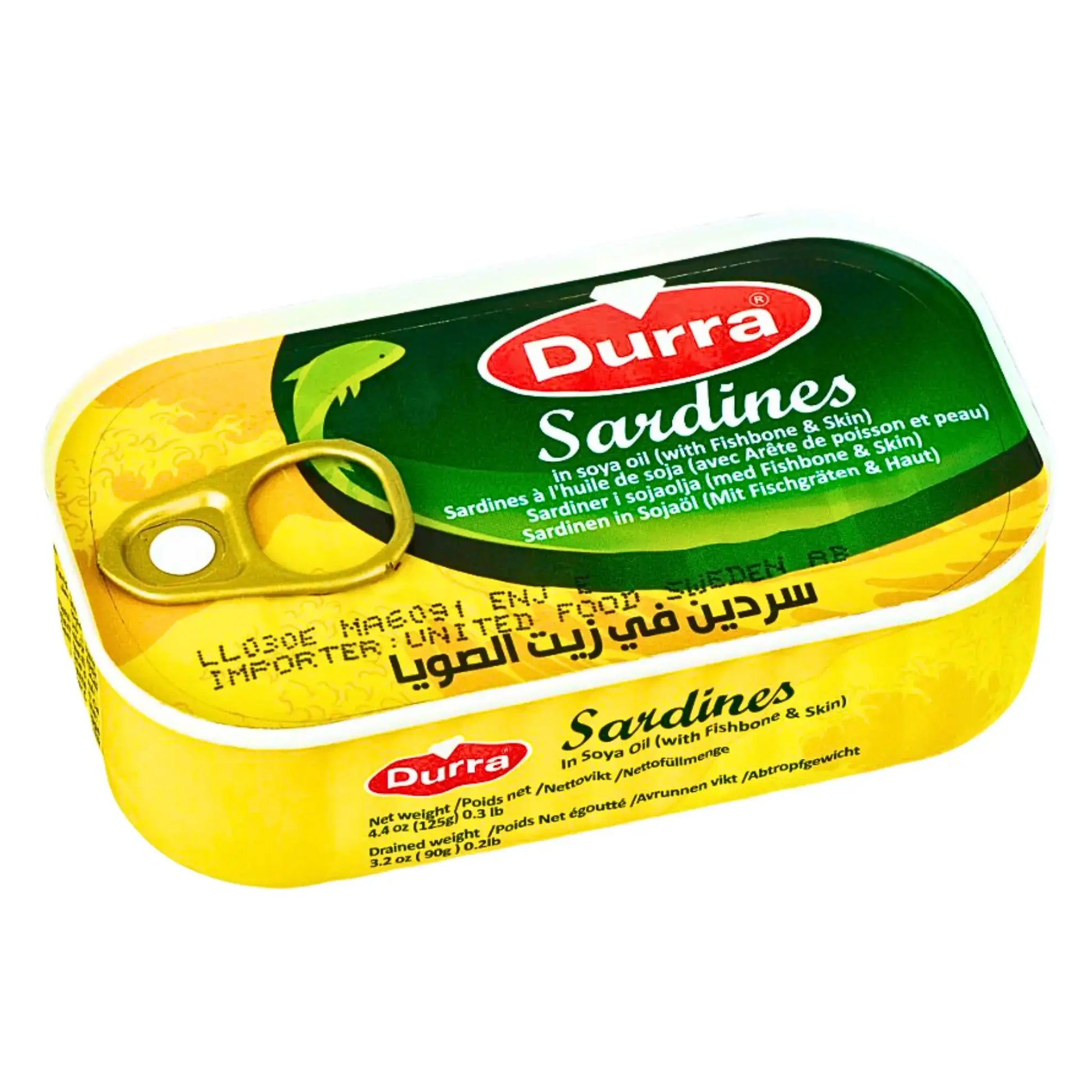 Säilykepussi Durra silli soij öljyssä, selkeä vihreä ja keltainen etiketti valkoisella taustalla.