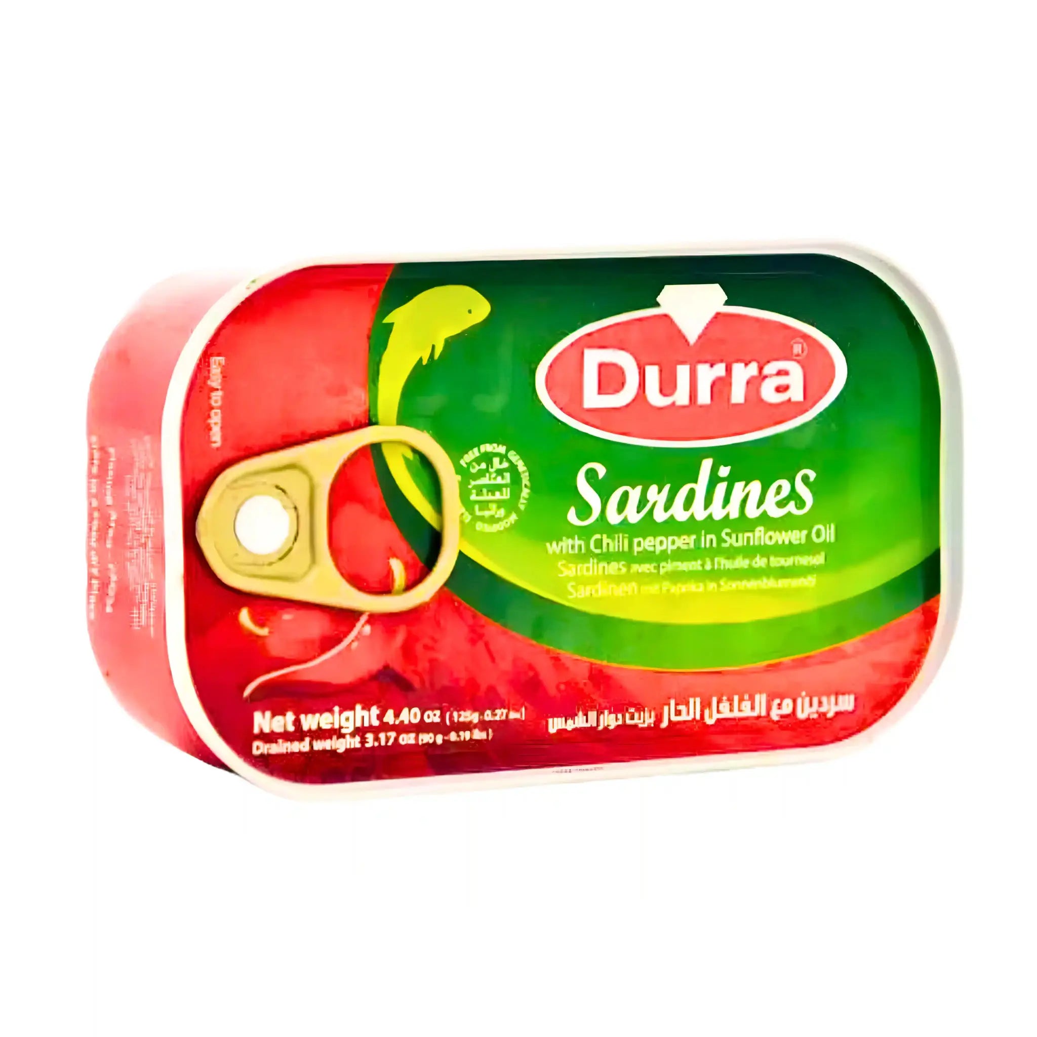 Durra silli chilipaprikaa auringonkukkaöljyssä, säilykepussi vihreällä ja punaisella etiketillä.