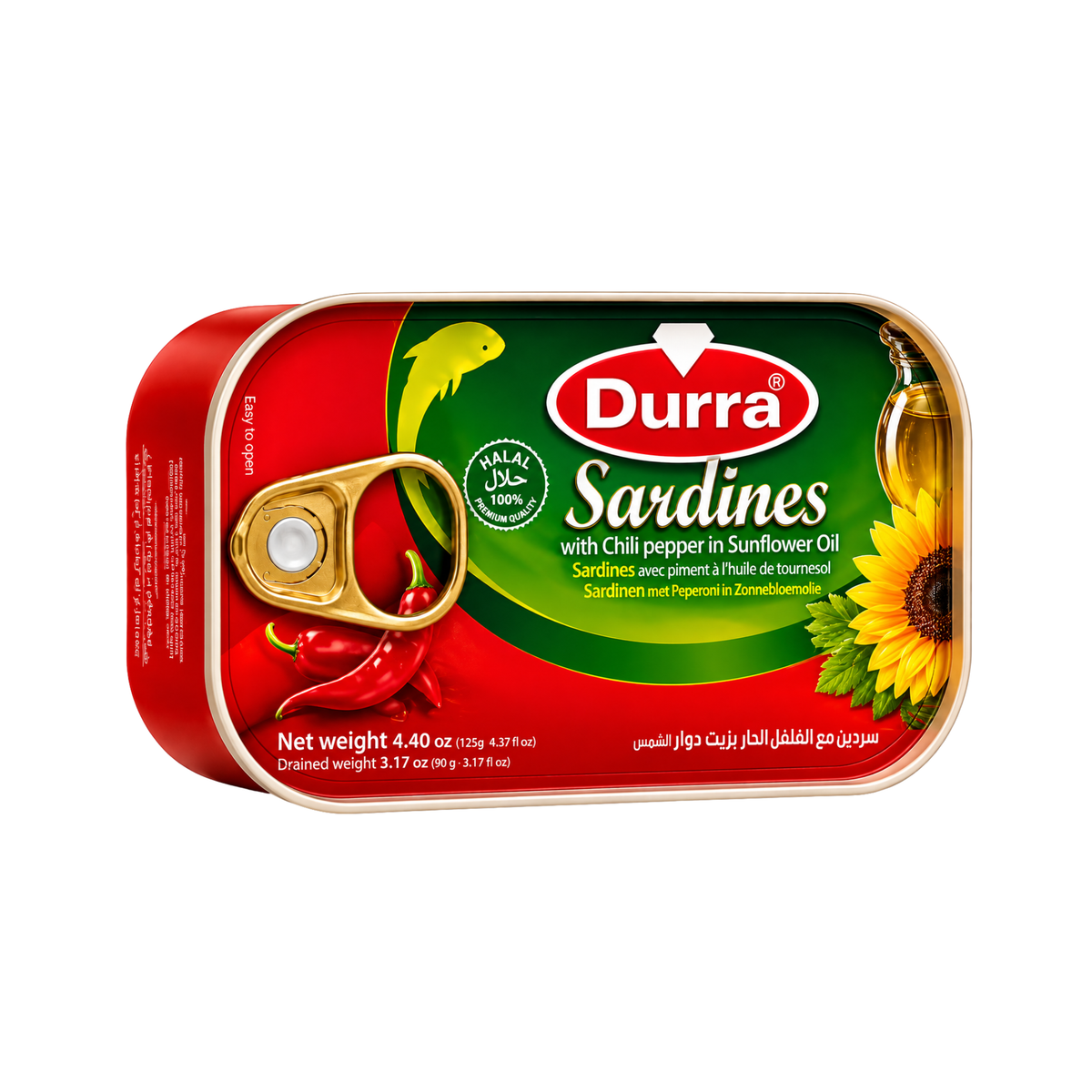 Sardiner i olja i plåtburk, röd/grön etikett med Durra-logotyp