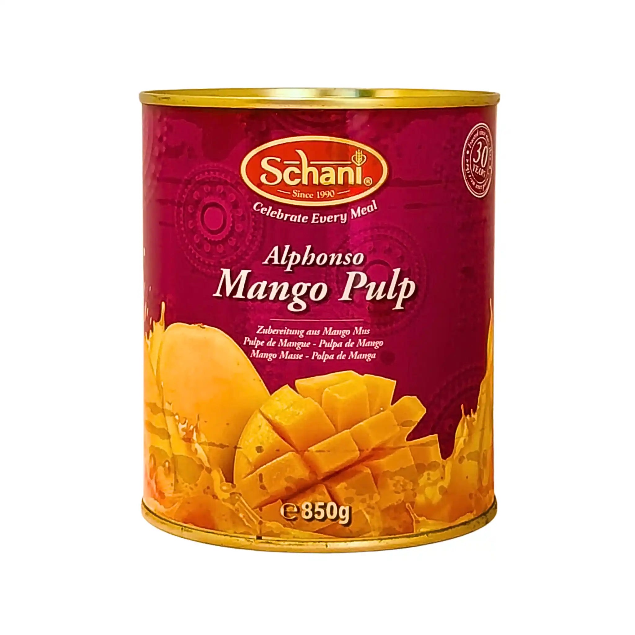 Alphonso-mangopuuripurkki 850g keltaisella mangolla ja violetilla etiketillä, eksoottista hedelmää säilykkeenä.