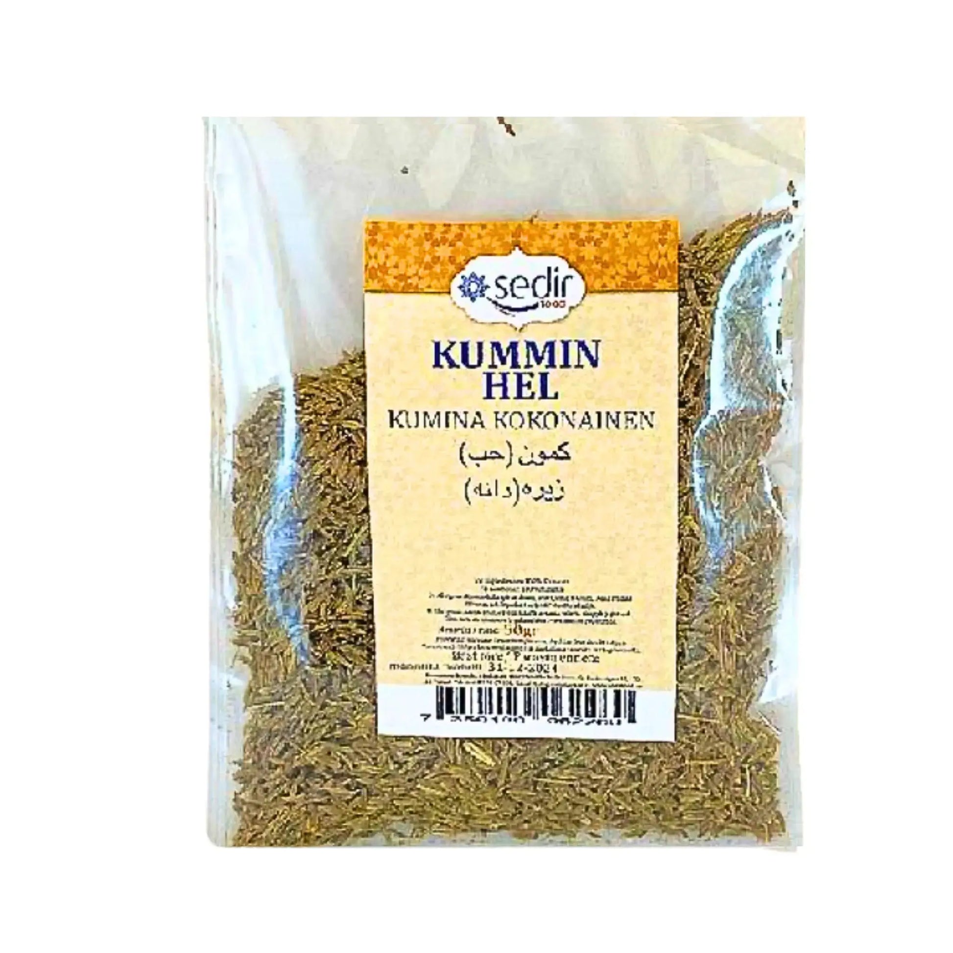 Pussi kokonaan spiskuminaa 50 g, selkeä etiketti ja mausteet näkyvissä läpinäkyvässä pakkauksessa.
