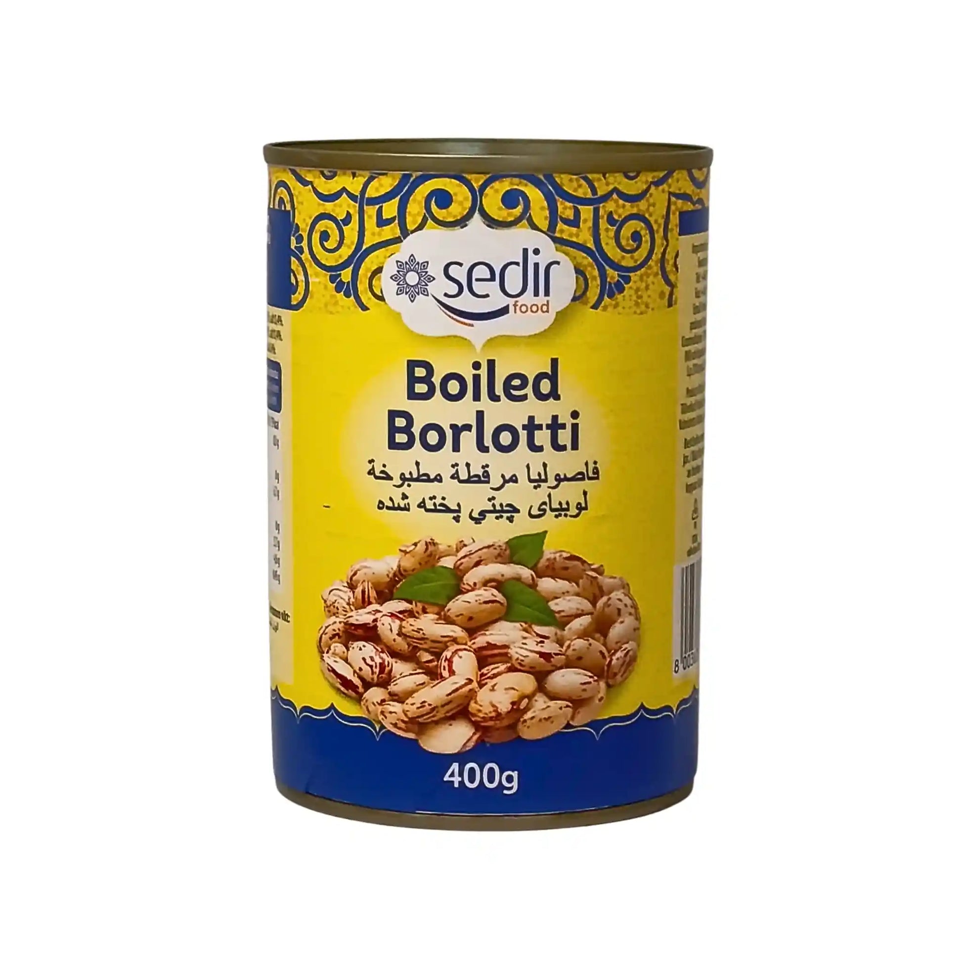 Konservipurkki keitettyjä borlottipapuja 400 g, itämaista ruokaa, selkeä etiketti papujen kuvalla