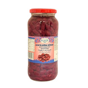 Glasburk med kokta röda bönor, orientalisk livsmedel, tydlig etikett, röda lock.