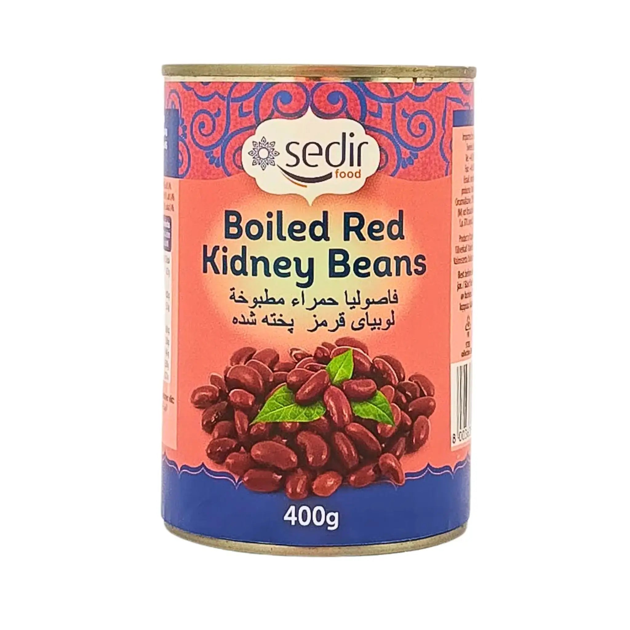 Konservipurkki keitettyjä punaisia papuja, monikielinen etiketti, 400 g.