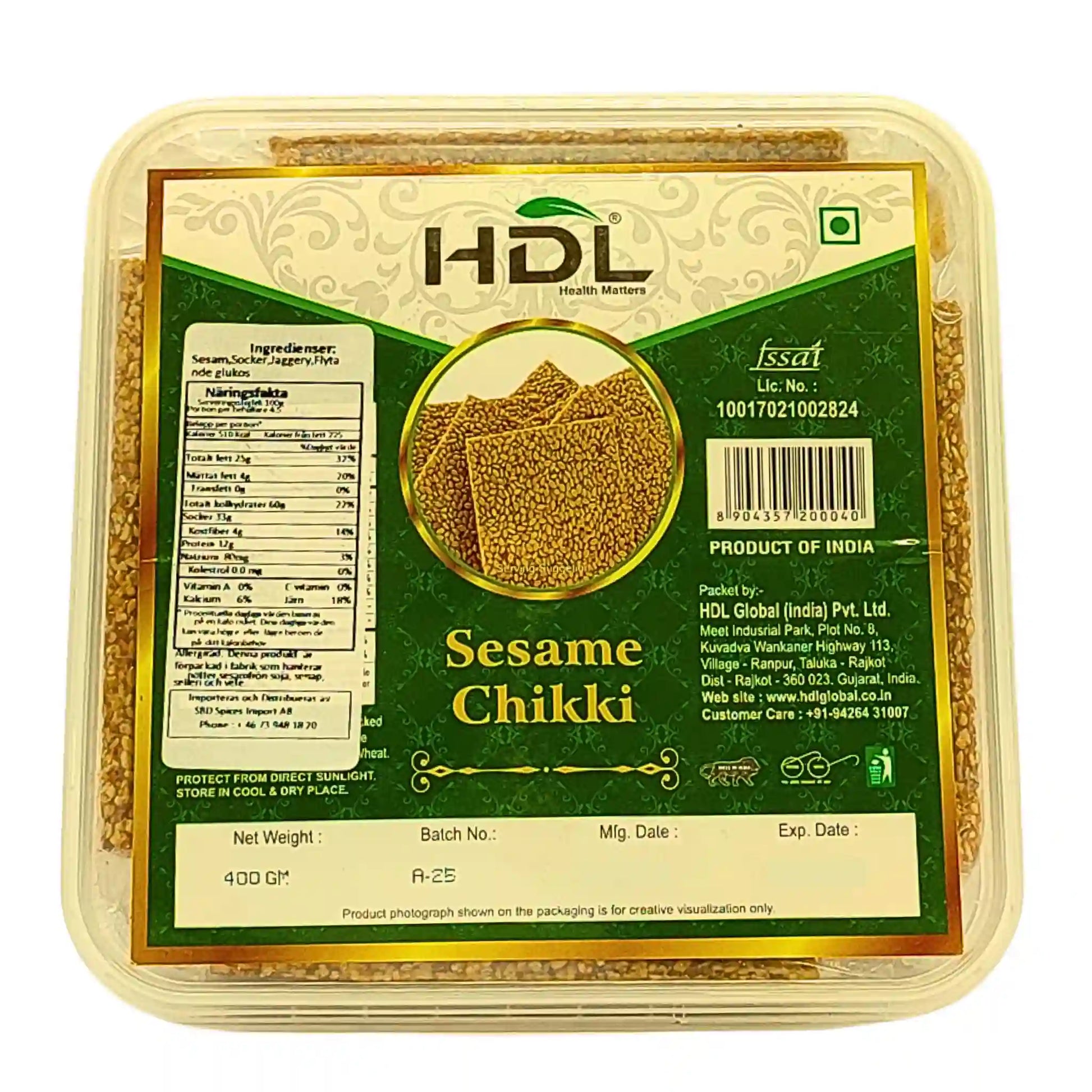 Sesame Chikki intialainen seesaminkarkki muovipakkauksessa, vihreä etiketti, paino 400 g