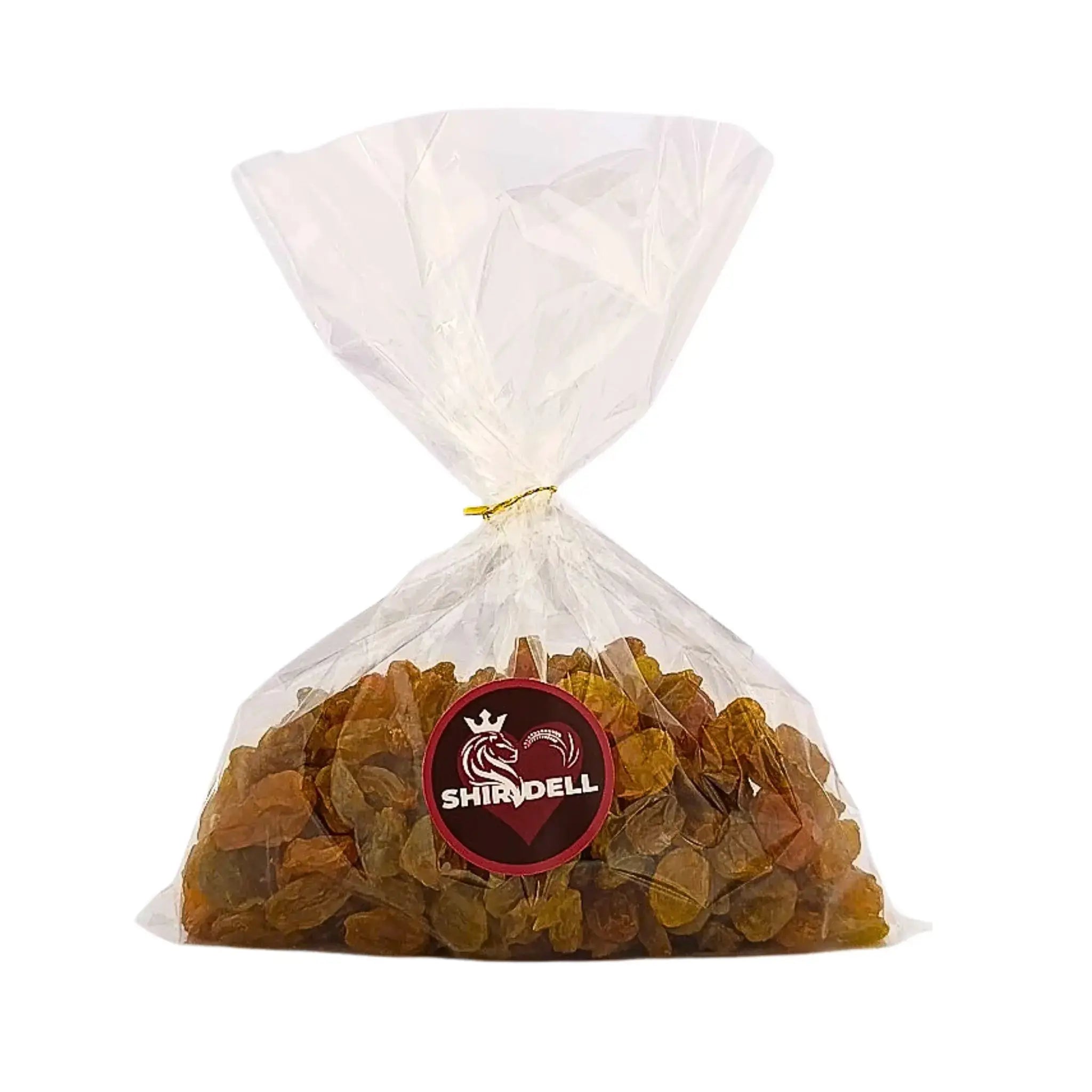 250 g:n jumbo-rusinat keltaisina läpinäkyvässä muovipakkauksessa valkoisella taustalla.