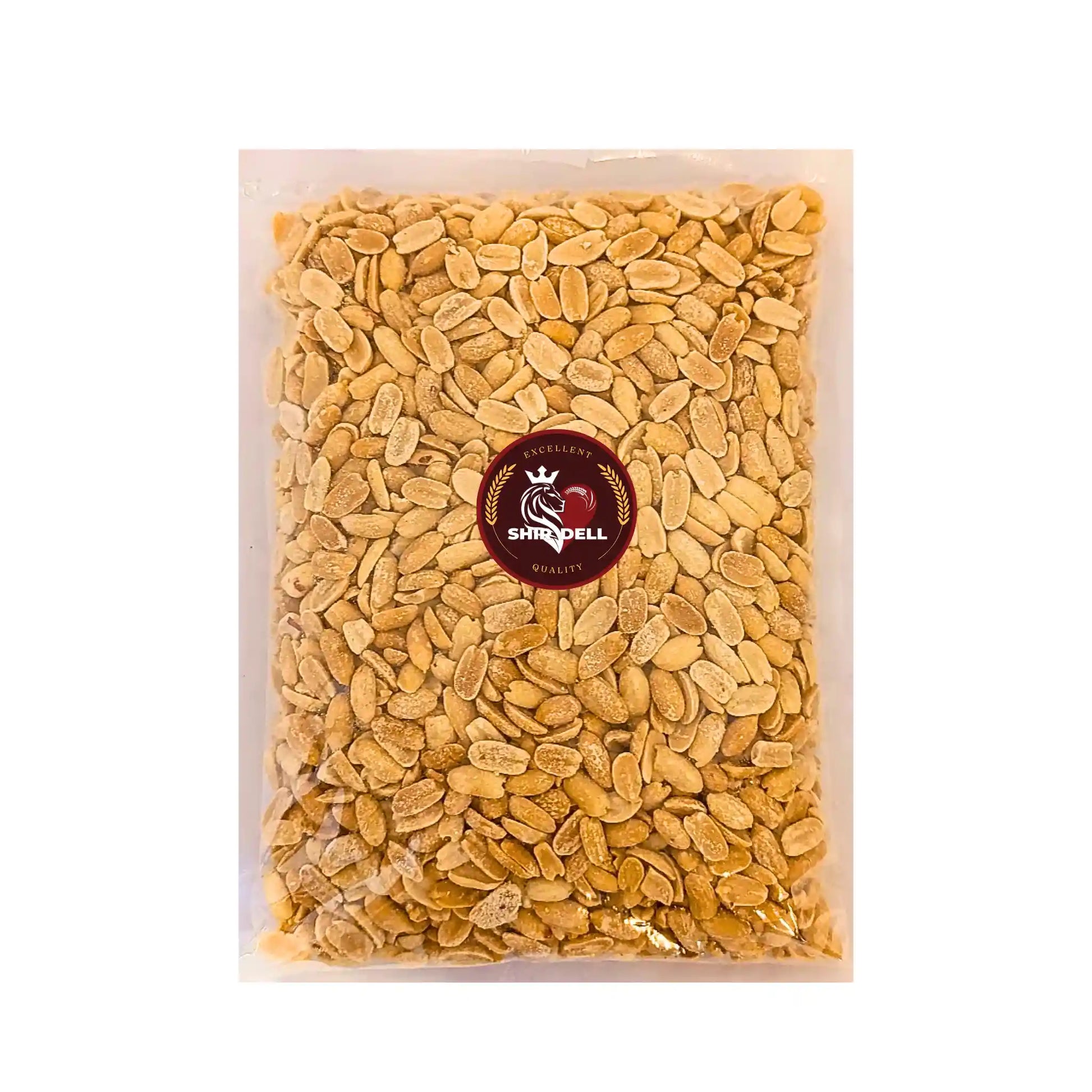 500 g:n pakkaus maapähkinöitä läpinäkyvässä muovipakkauksessa, Shirdell-logo näkyvissä