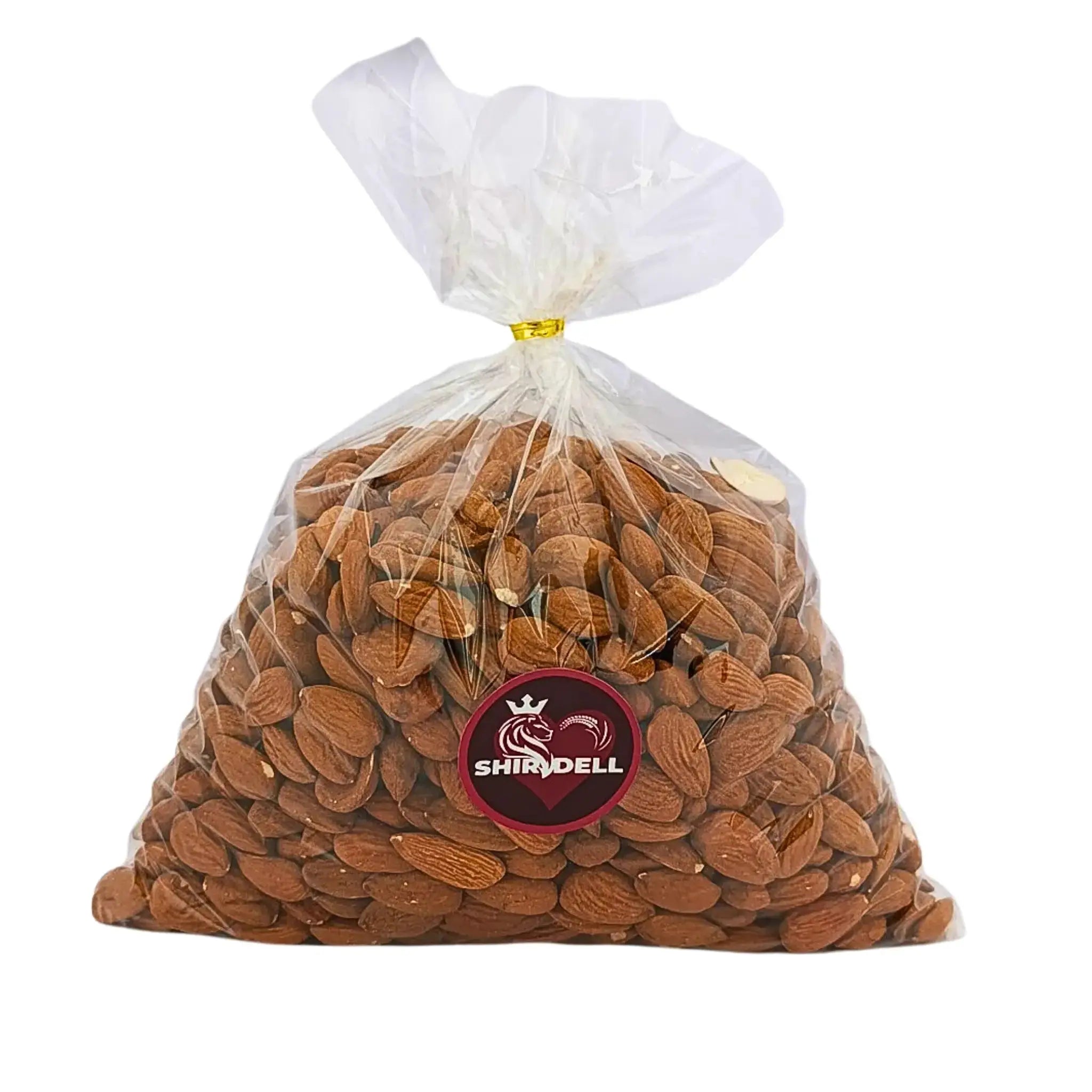 Koko pussi luonnollisia makeamandeleja muovipussissa, etiketti edessä, 1 kg.