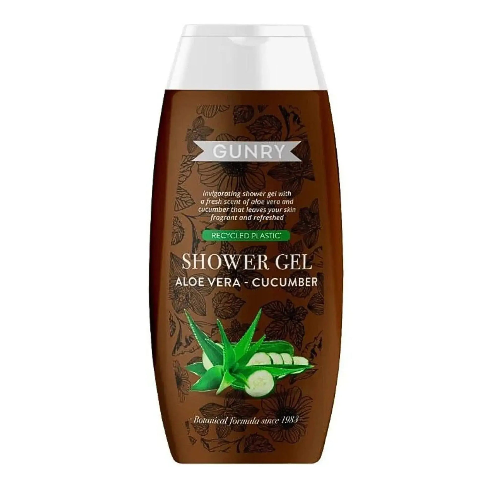 Duschgel-pullo aloe veralla ja kurkulla, ruskea design, 300 ml, vihreät kasvimotiivit