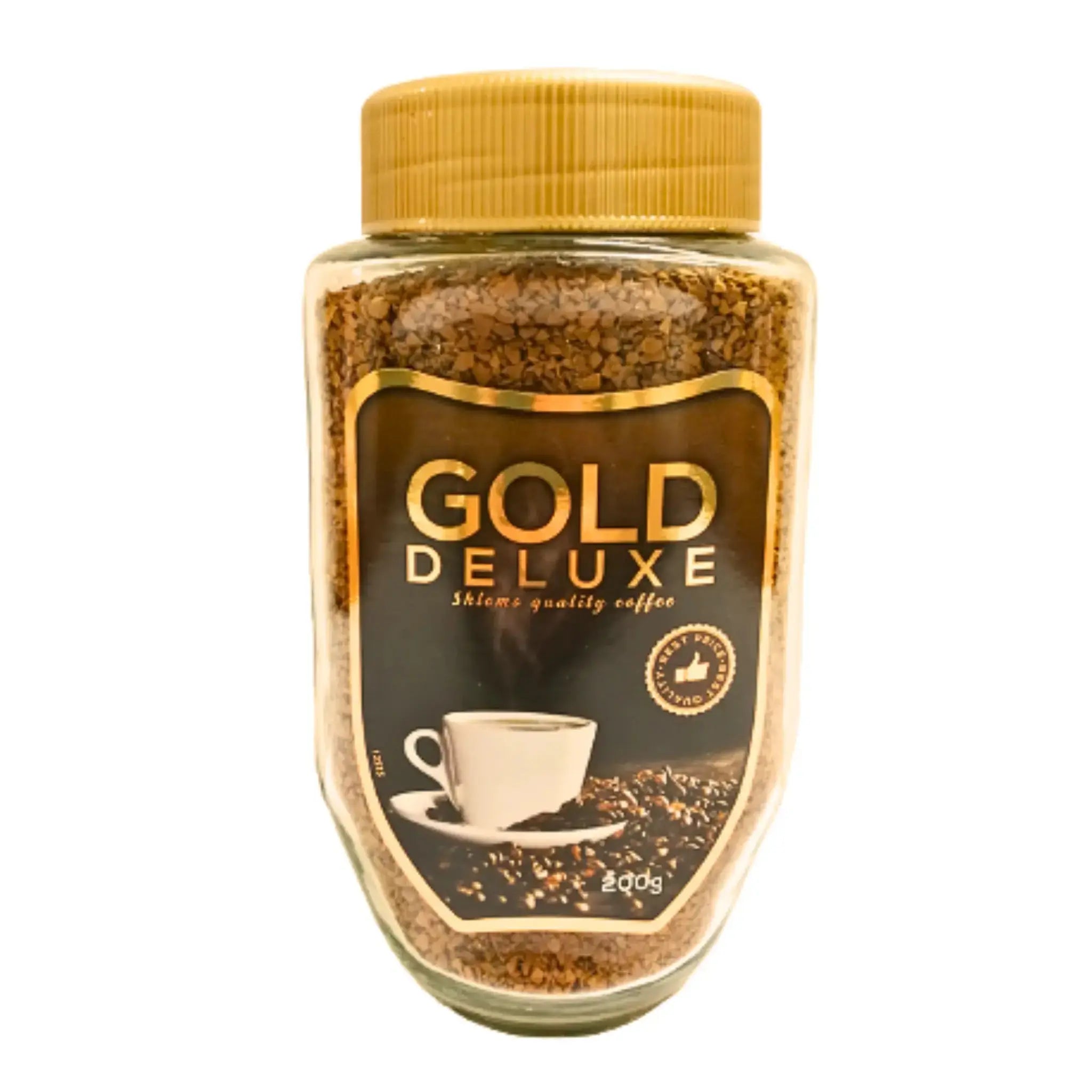 Gold Deluxe -nopeakahvipurkki, tumma etiketti, kultainen kansi, kahvikuppi edessä