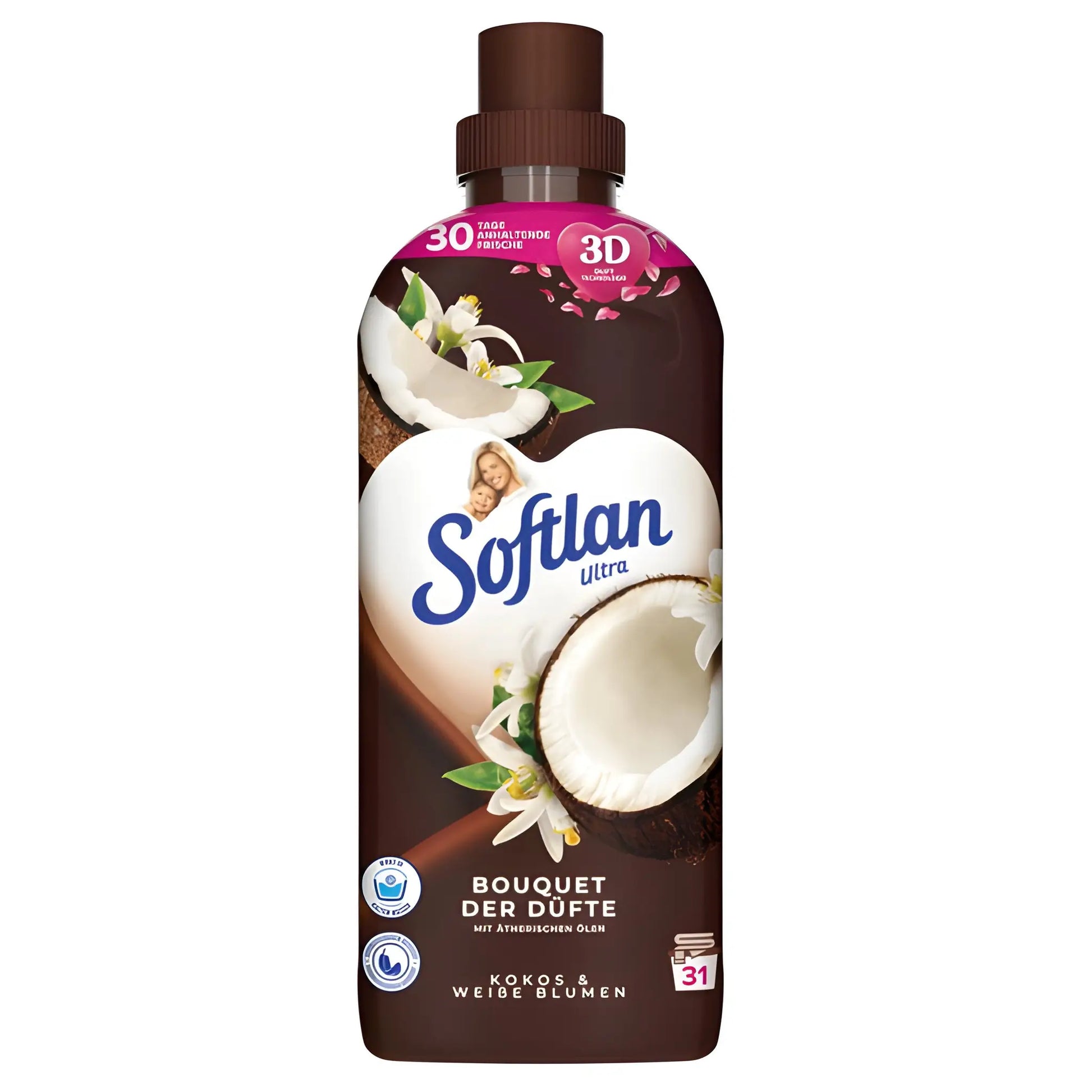 Huuhteluaine Softlan Ultra kookospähkinällä ja valkoisilla kukilla, ruskea pullo kookosaiheella.