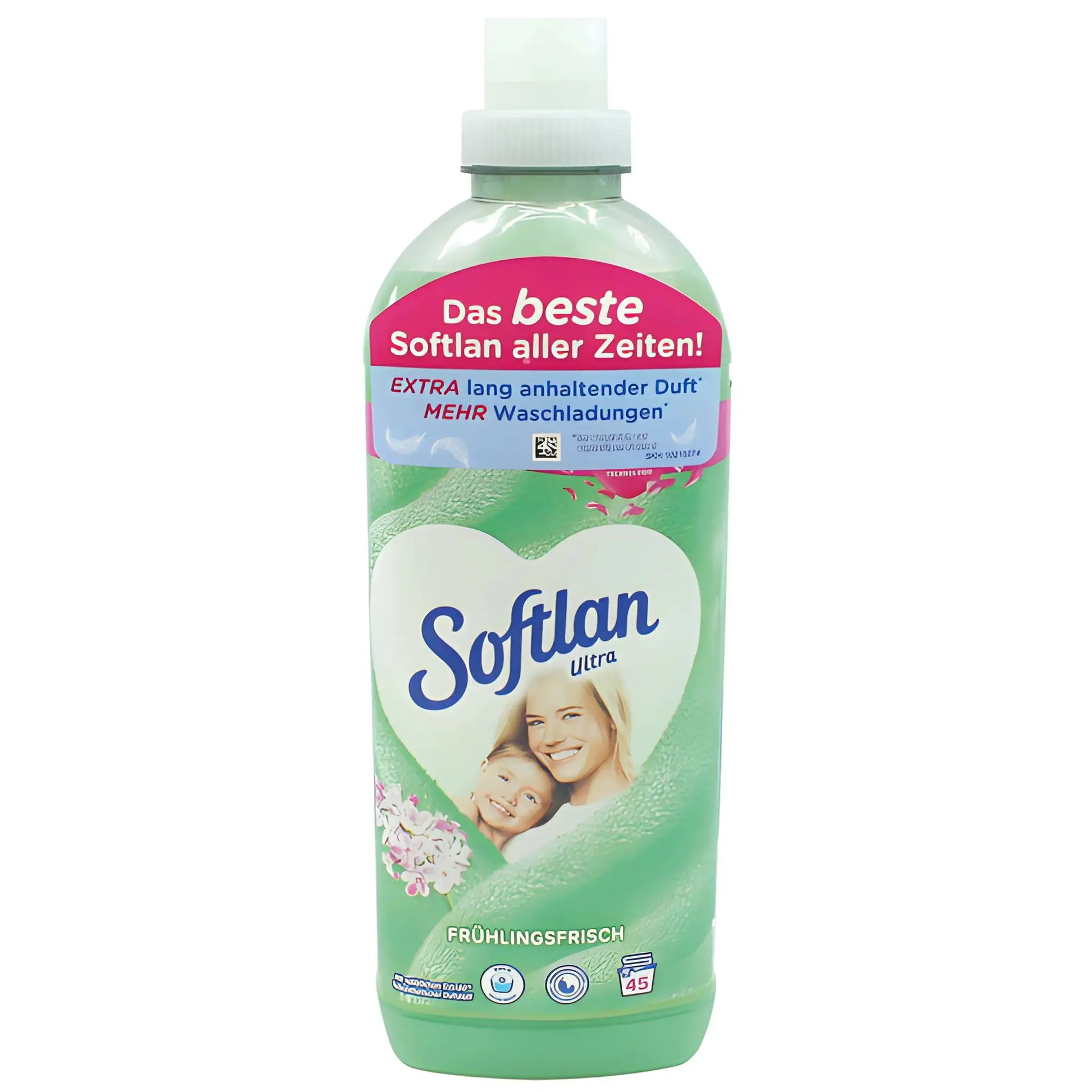 Softlan huuhteluaine Springfresh vihreä pullo sydämen, kukkien ja hymyilevien ihmisten kuvioilla.